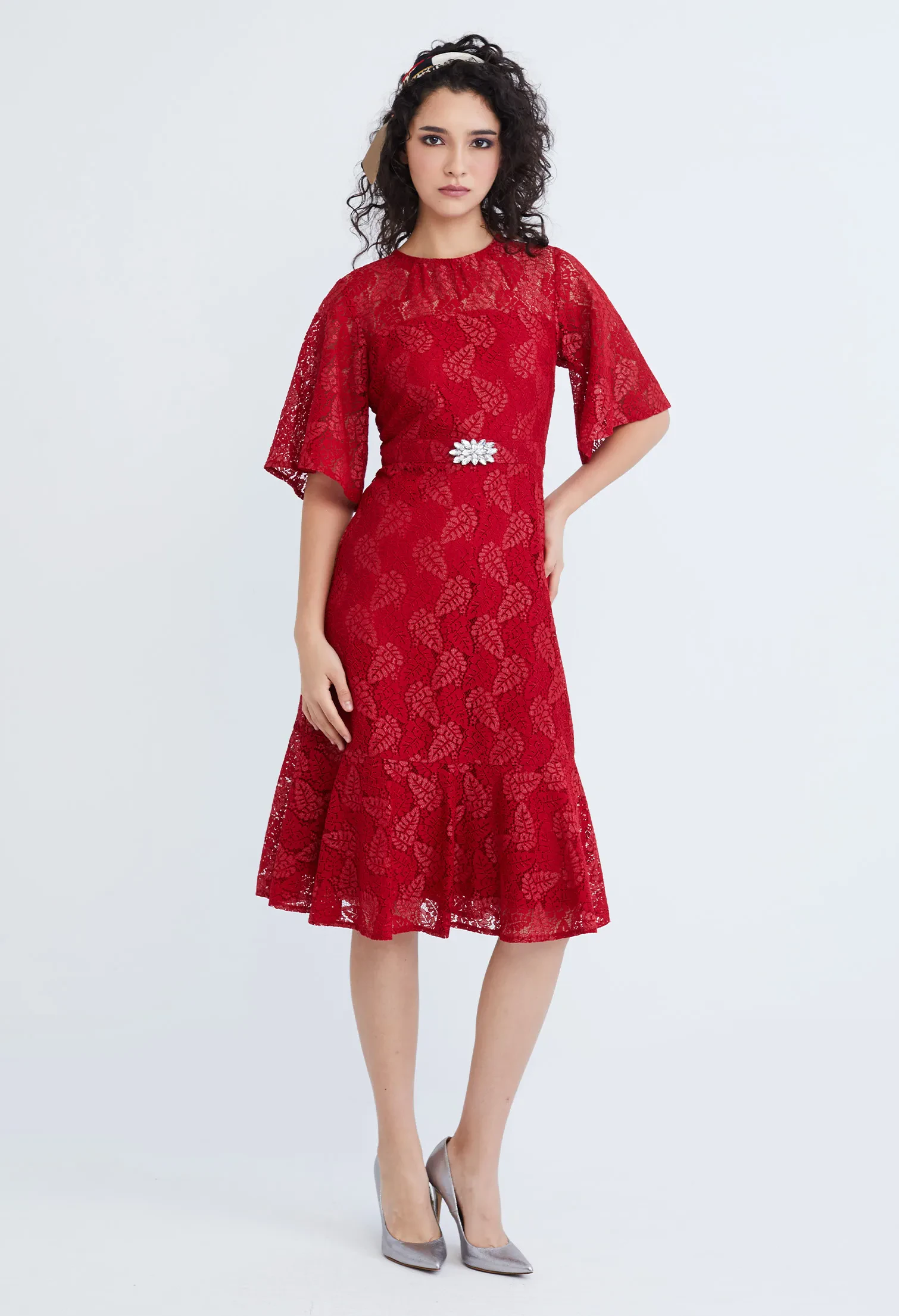 LACE PEARL BELTED COCKTAIL DRESS [D/RED]