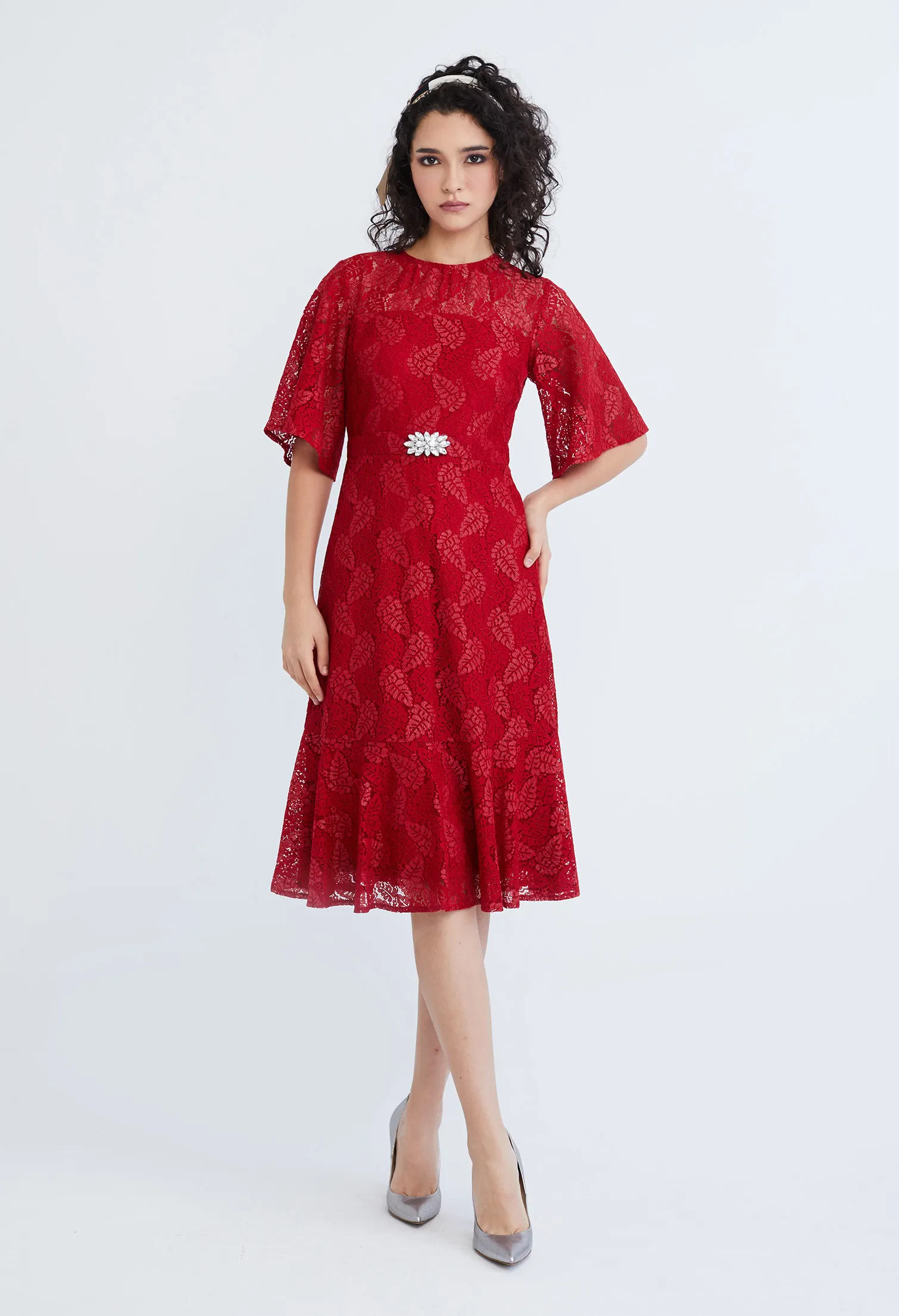 LACE PEARL BELTED COCKTAIL DRESS [D/RED]