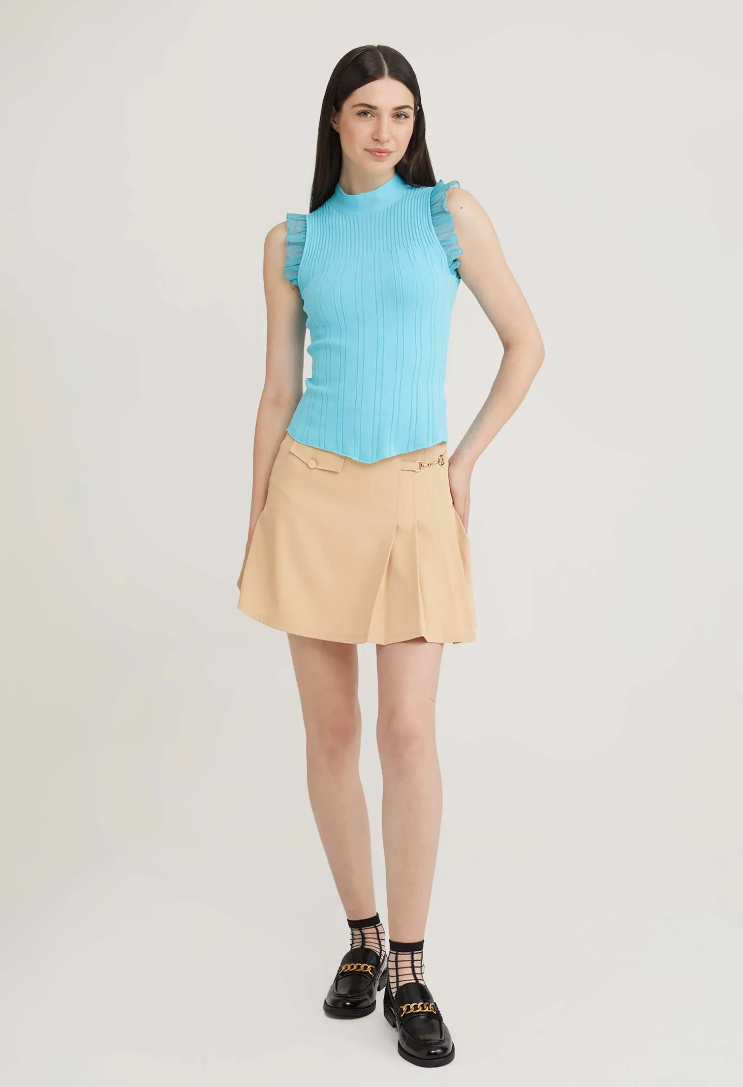 LACE RUFFLE MOCK NECK TOP [L/BLUE]