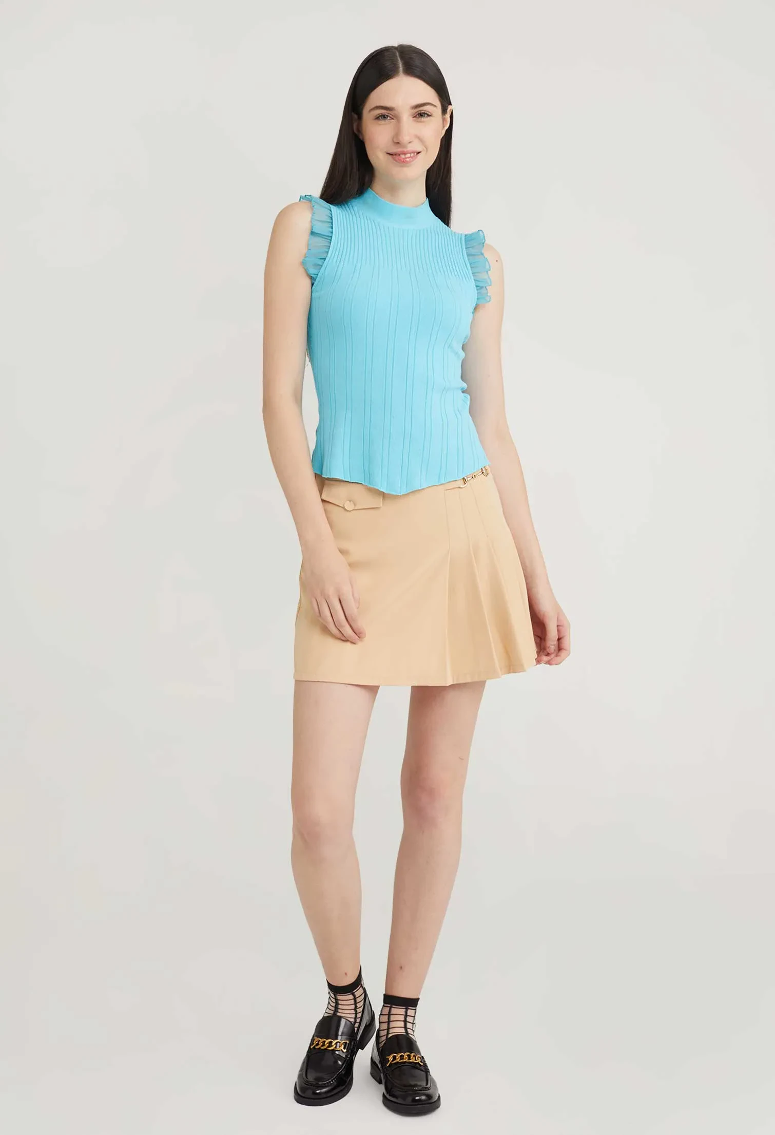 LACE RUFFLE MOCK NECK TOP [L/BLUE]