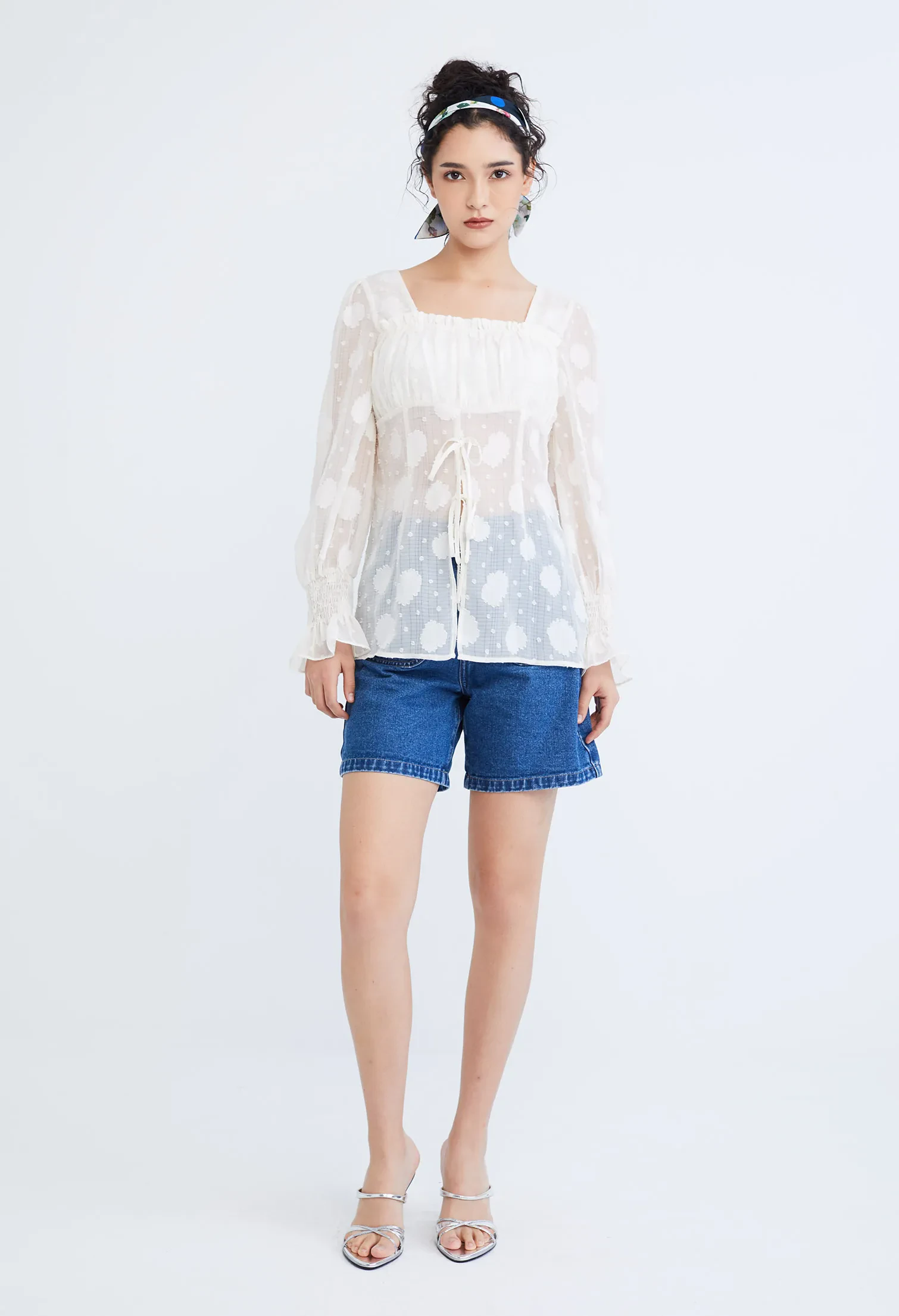 LACEY COTTAGE RUCH SQUARE NECK TOP [OFF WHITE]