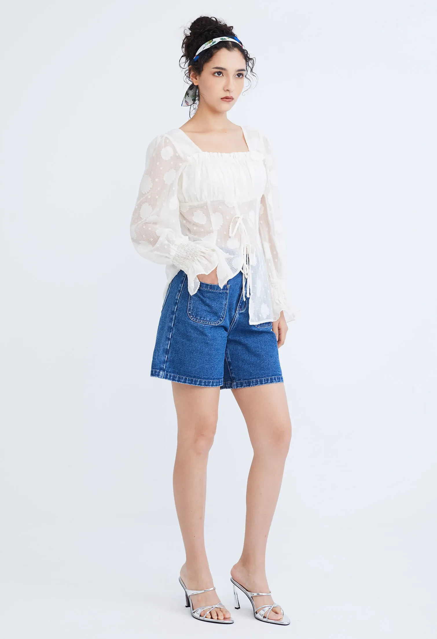 LACEY COTTAGE RUCH SQUARE NECK TOP [OFF WHITE]