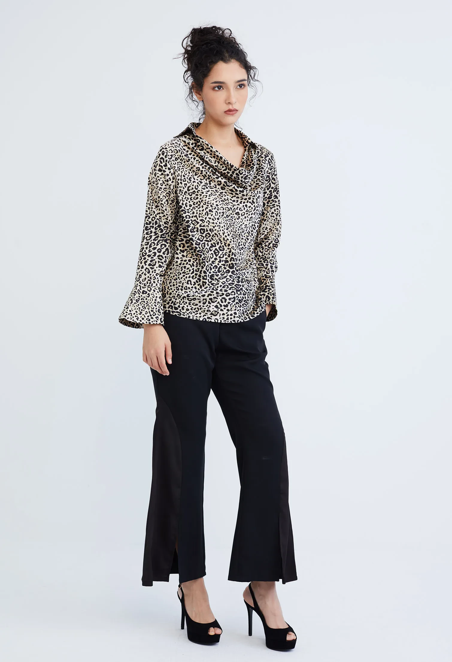 LEOPARD SPOTTED COWL DROP NECKLINE BLOUSE [BLACK]