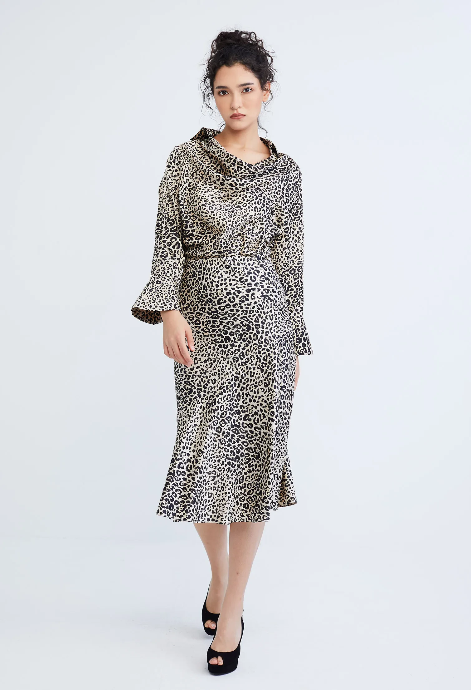 LEOPARD SPOTTED COWL DROP NECKLINE BLOUSE [BLACK]