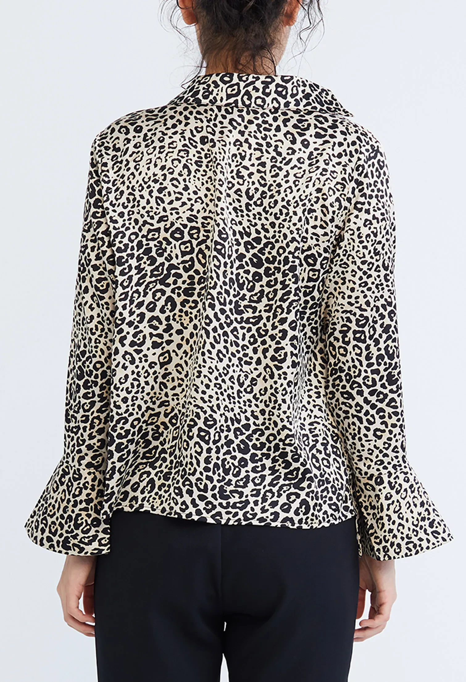 LEOPARD SPOTTED COWL DROP NECKLINE BLOUSE [BLACK]