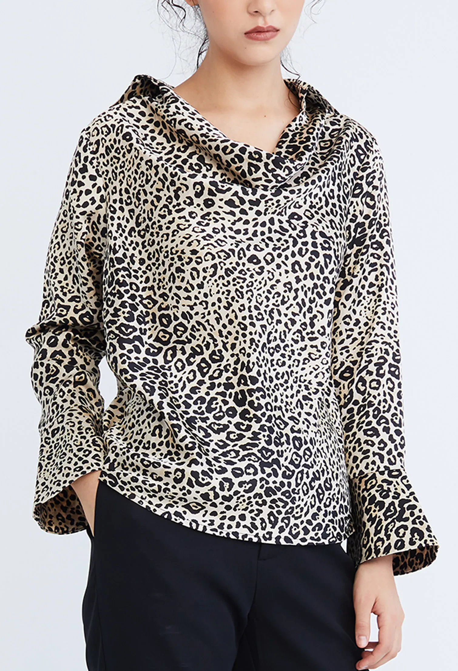 LEOPARD SPOTTED COWL DROP NECKLINE BLOUSE [BLACK]