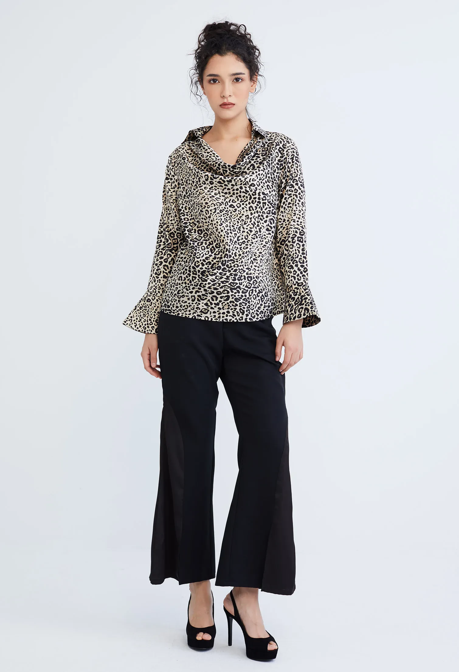LEOPARD SPOTTED COWL DROP NECKLINE BLOUSE [BLACK]