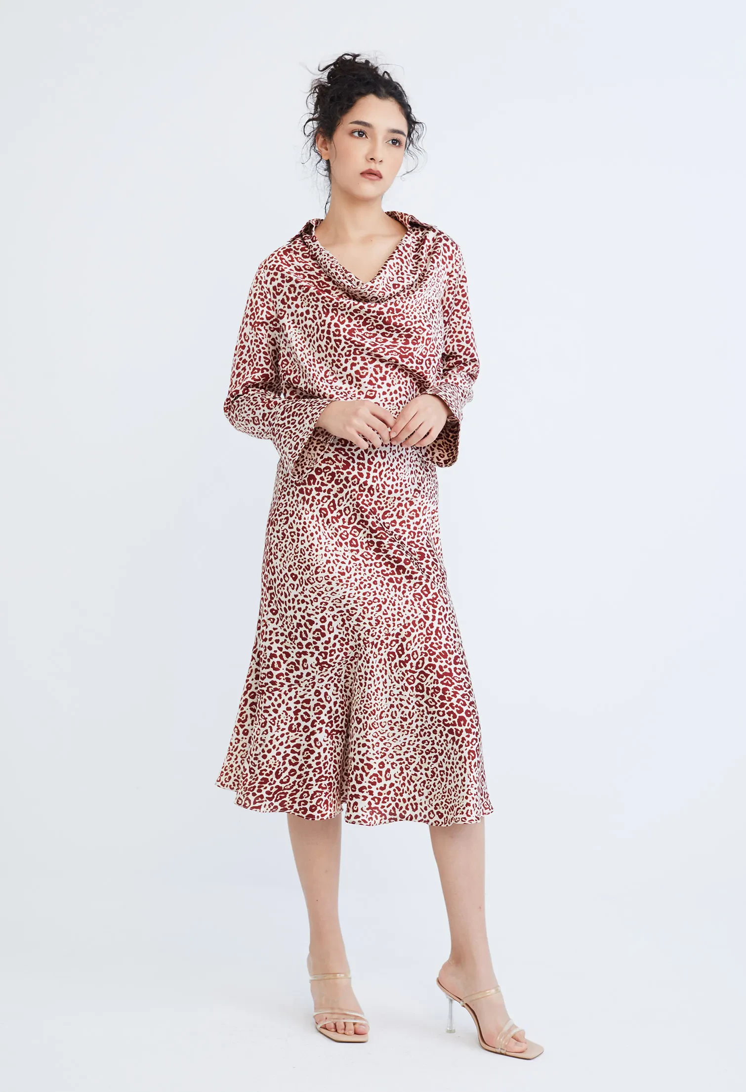 LEOPARD SPOTTED COWL DROP NECKLINE BLOUSE [D/RED]