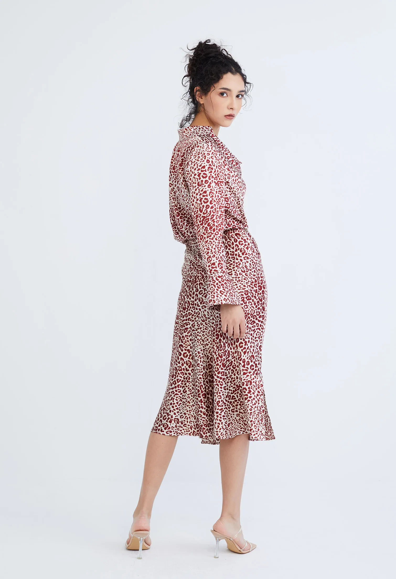 LEOPARD SPOTTED COWL DROP NECKLINE BLOUSE [D/RED]