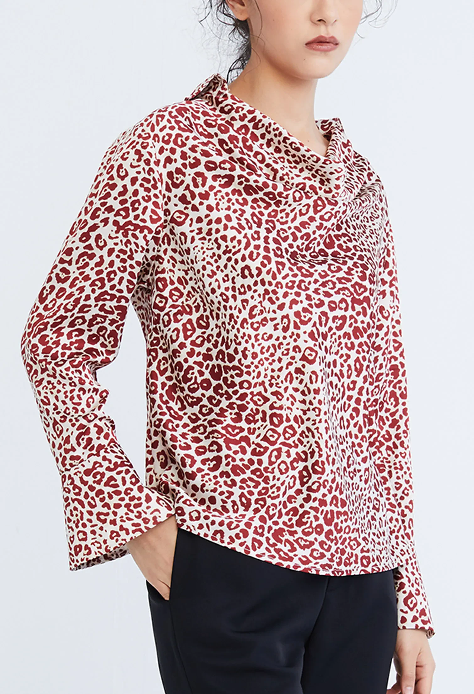 LEOPARD SPOTTED COWL DROP NECKLINE BLOUSE [D/RED]