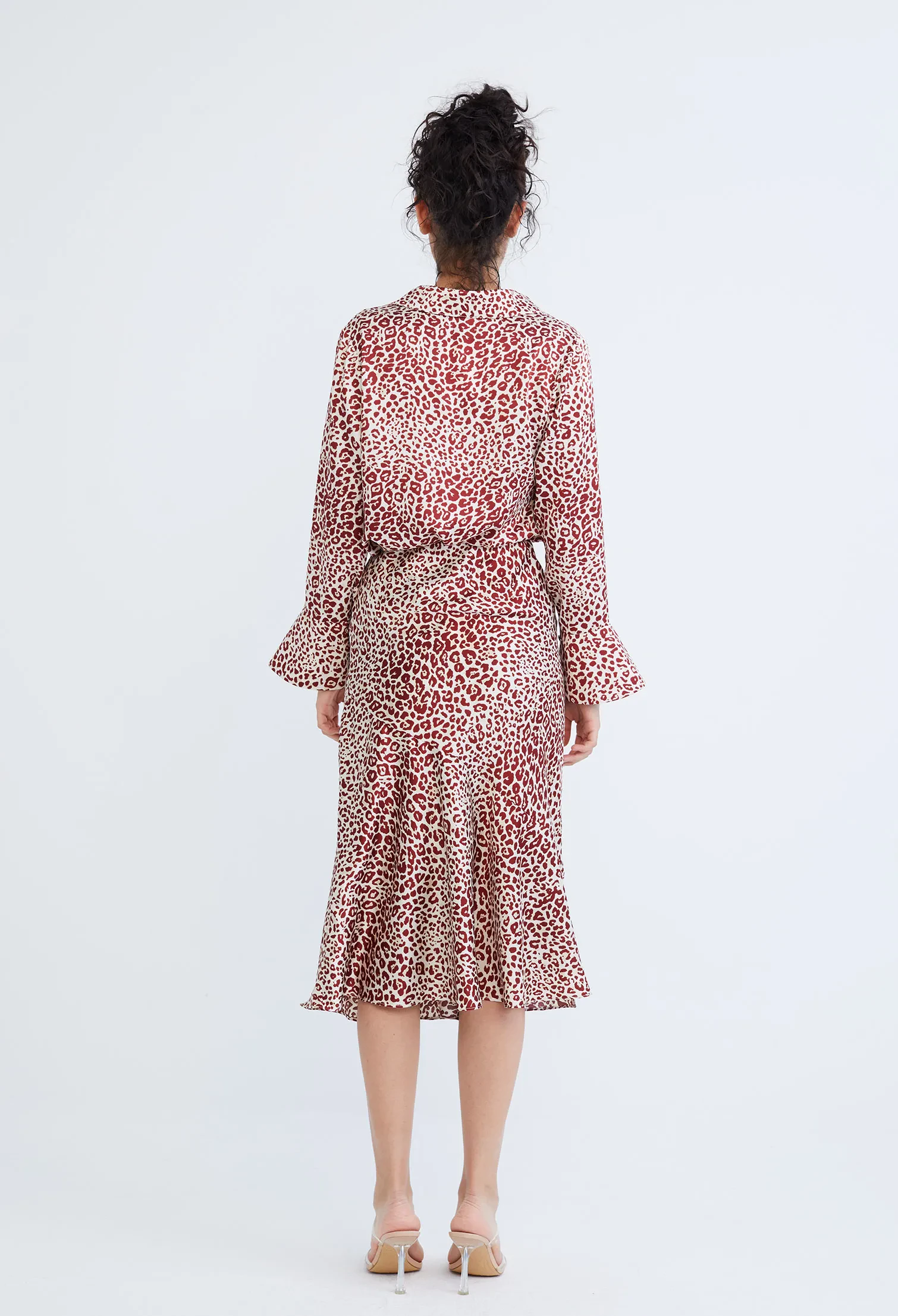 LEOPARD SPOTTED COWL DROP NECKLINE BLOUSE [D/RED]