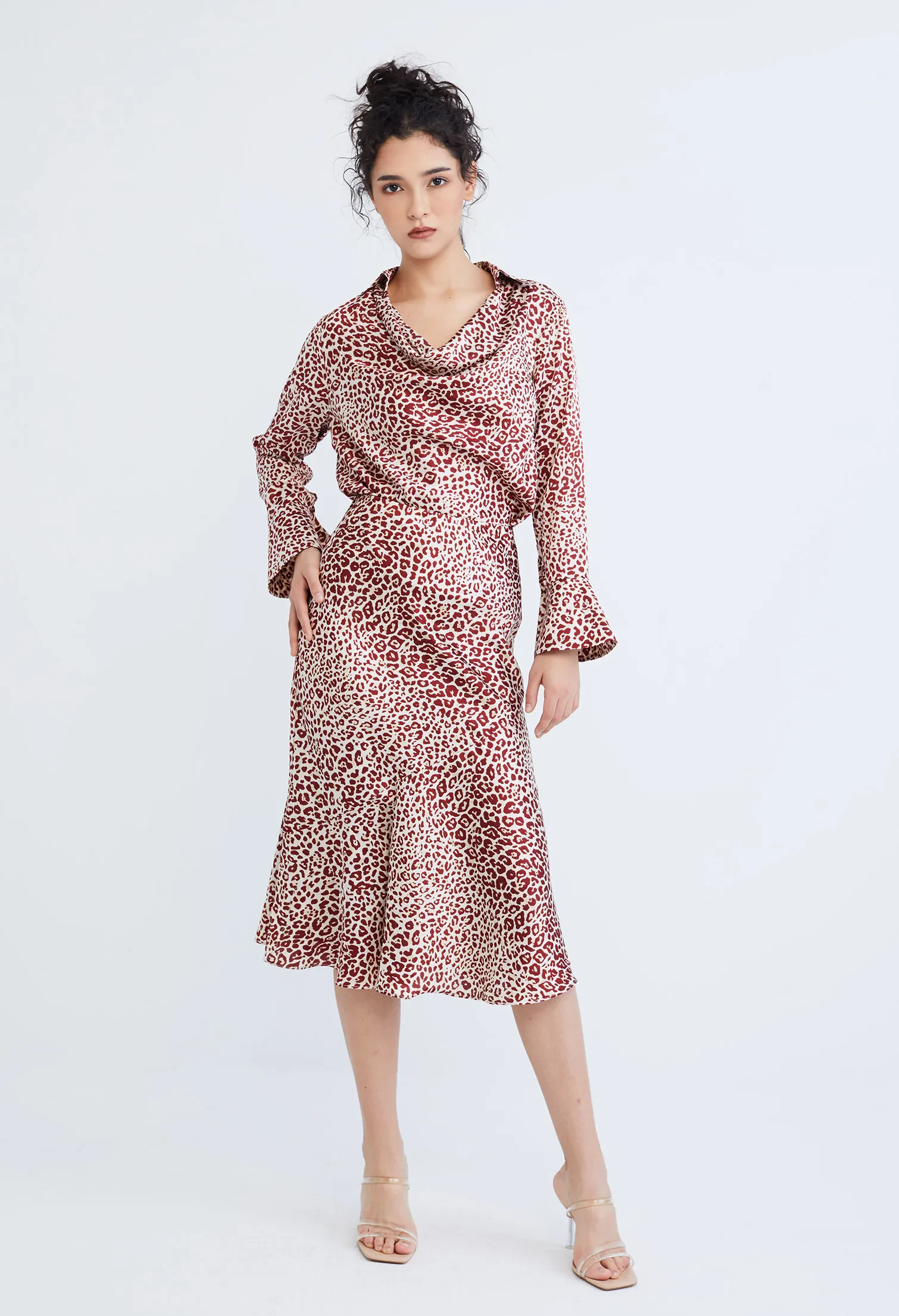 LEOPARD SPOTTED COWL DROP NECKLINE BLOUSE [D/RED]