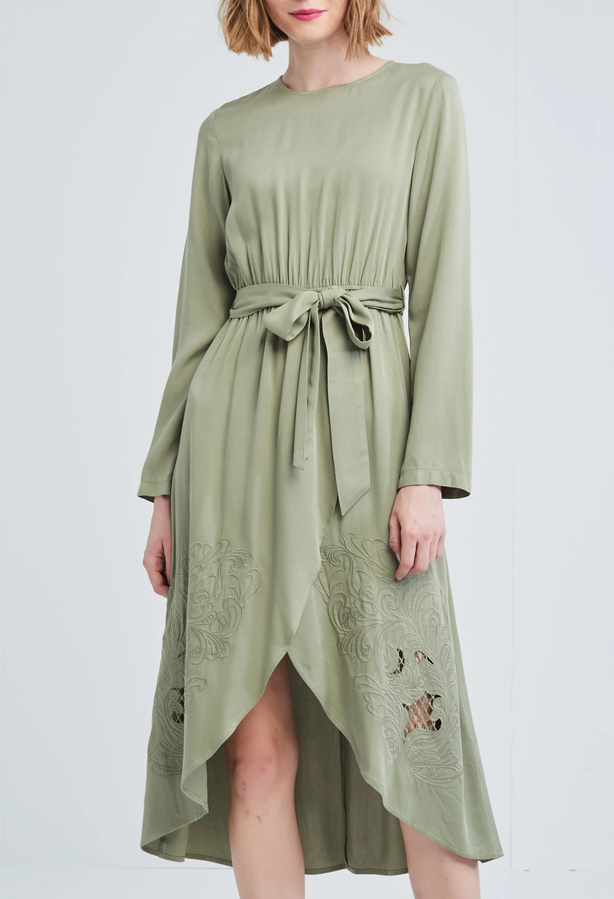 MIDI FLORAL TULIP HEM DRESS [OLIVE GREEN]