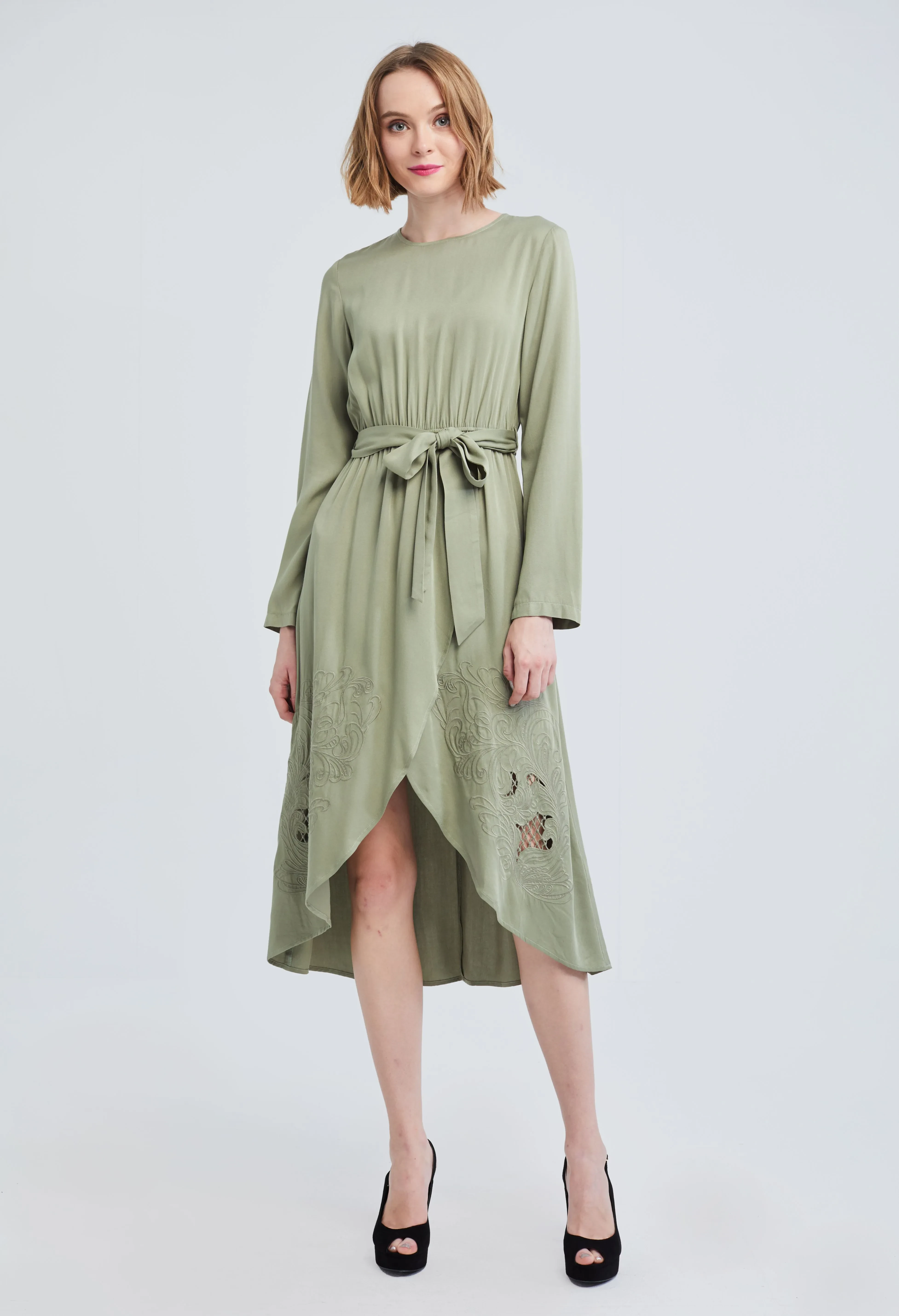 MIDI FLORAL TULIP HEM DRESS [OLIVE GREEN]
