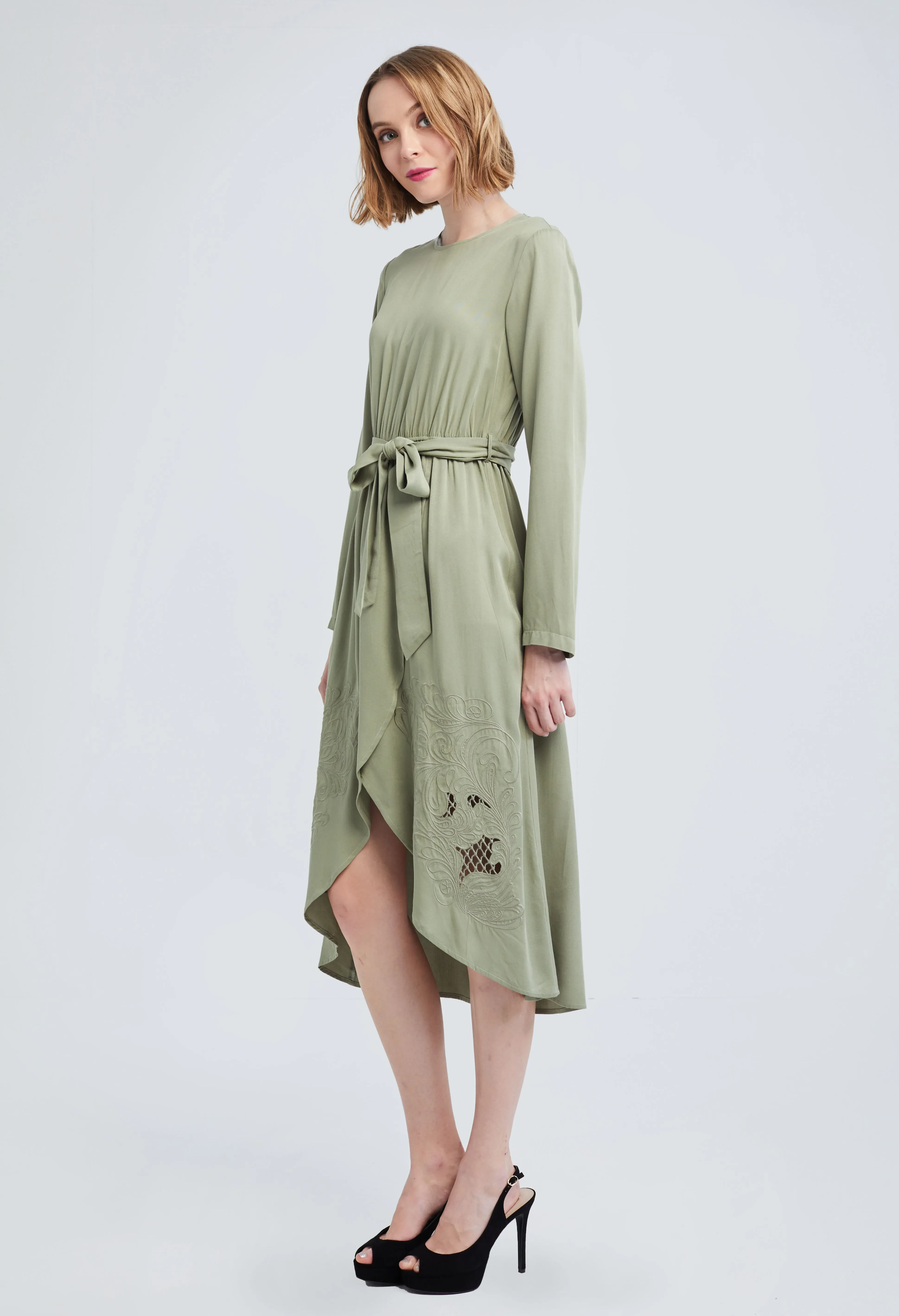 MIDI FLORAL TULIP HEM DRESS [OLIVE GREEN]