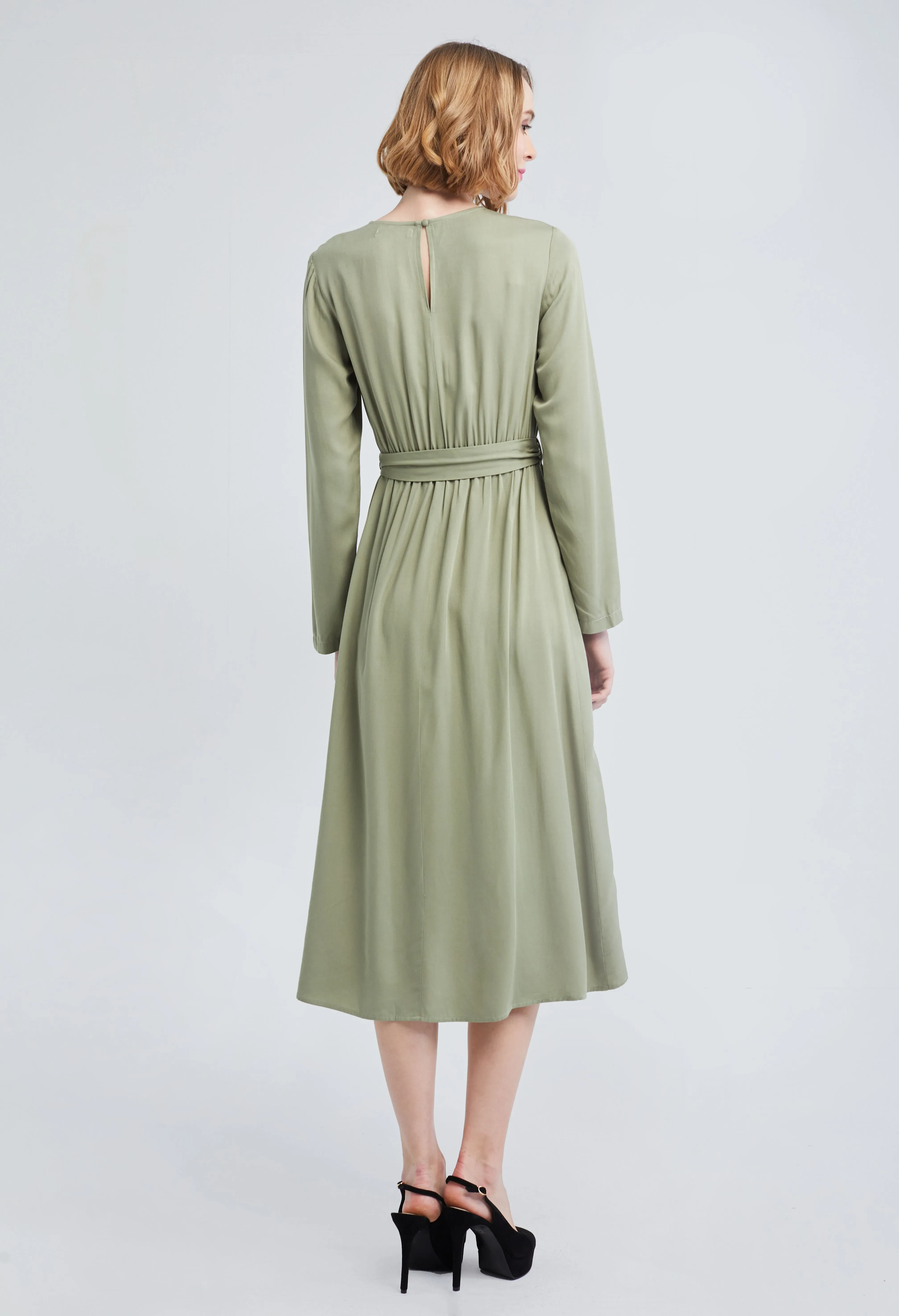 MIDI FLORAL TULIP HEM DRESS [OLIVE GREEN]