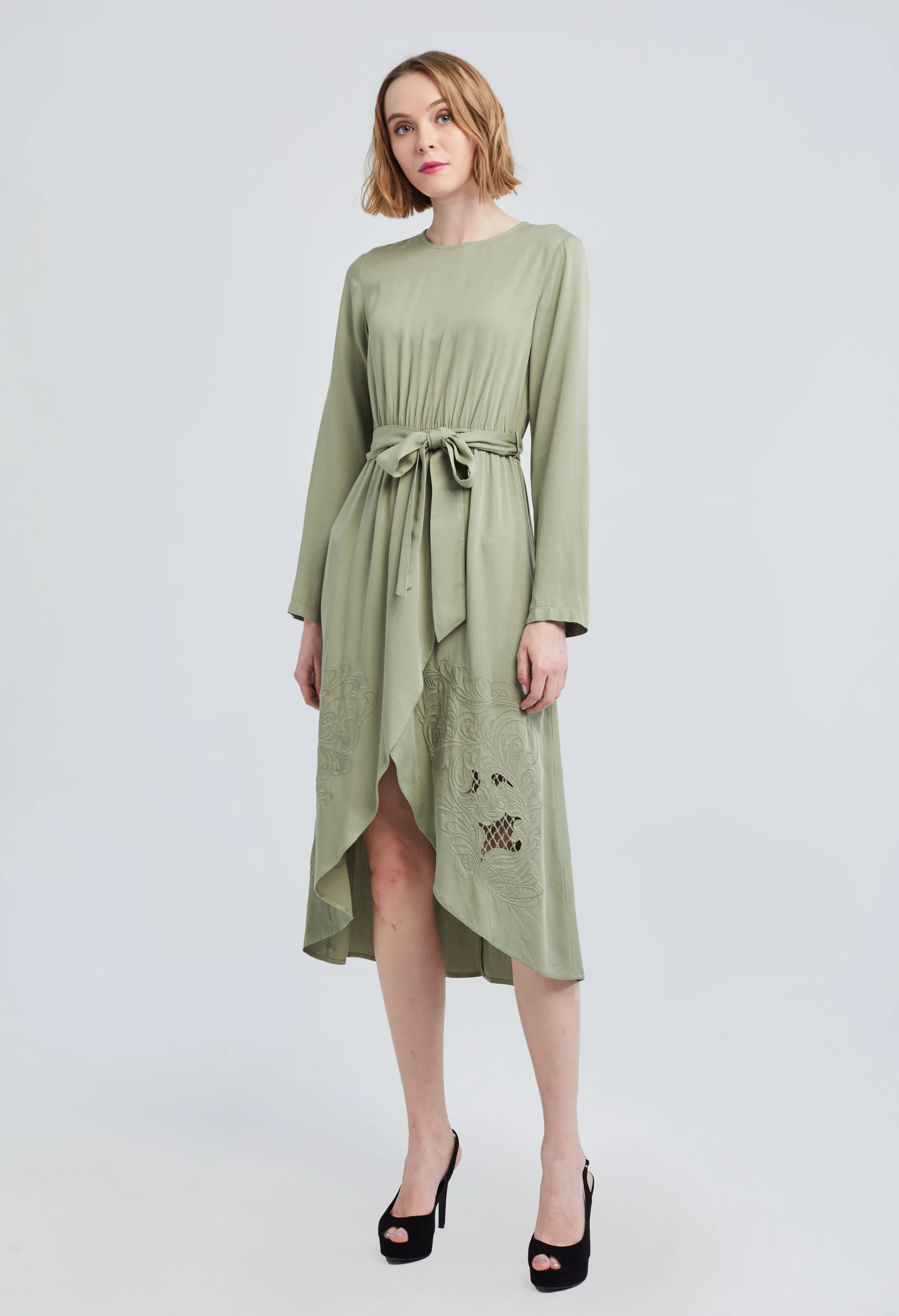 MIDI FLORAL TULIP HEM DRESS [OLIVE GREEN]