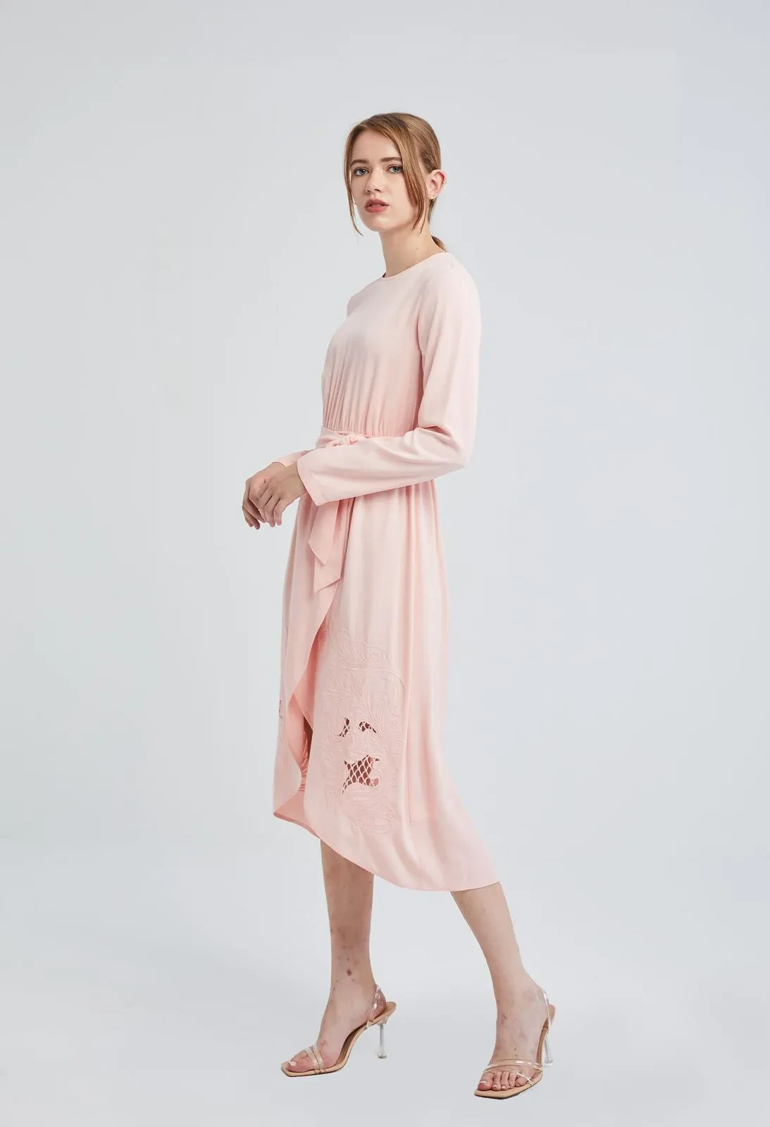 MIDI FLORAL TULIP HEM DRESS [PEACH]