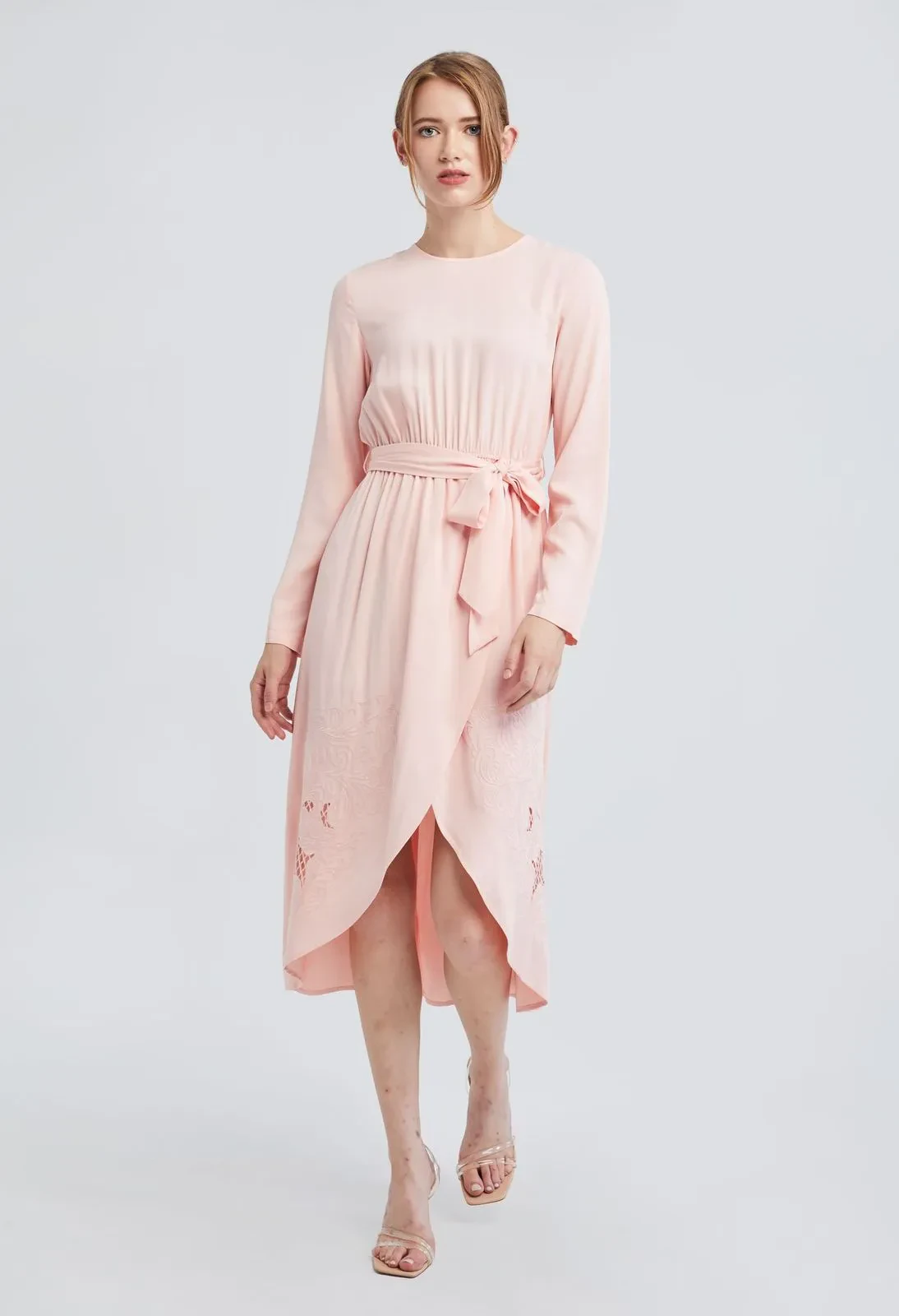 MIDI FLORAL TULIP HEM DRESS [PEACH]