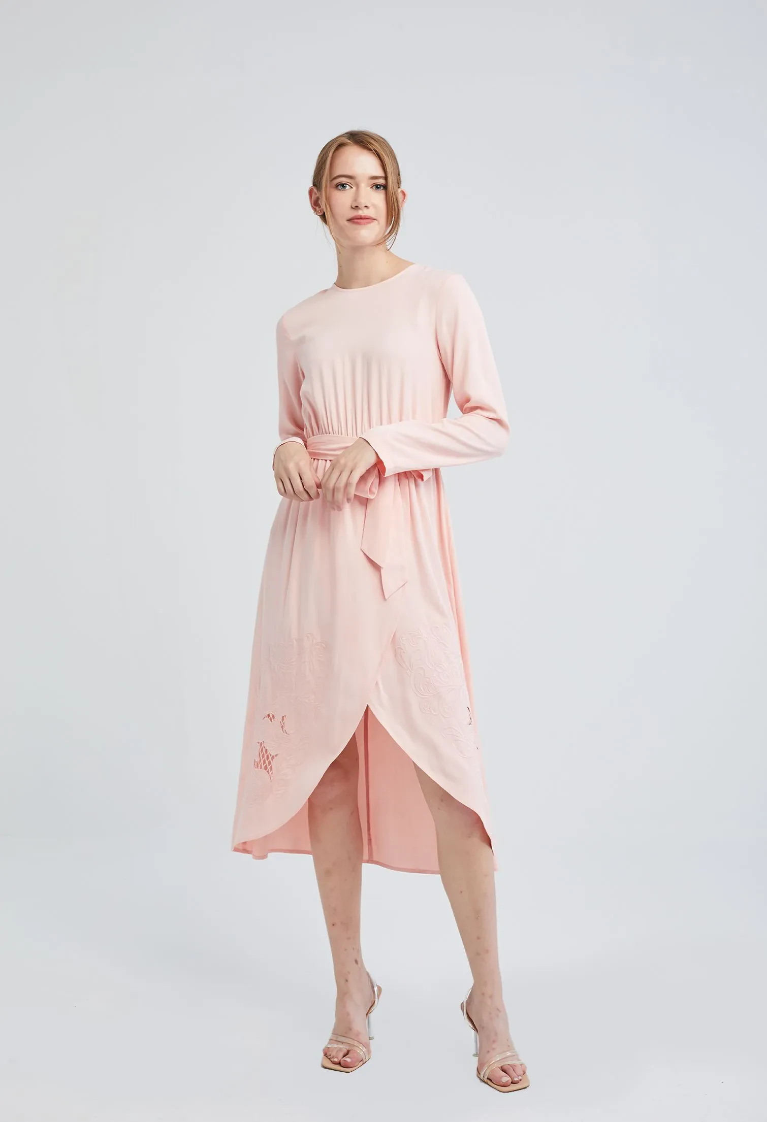 MIDI FLORAL TULIP HEM DRESS [PEACH]