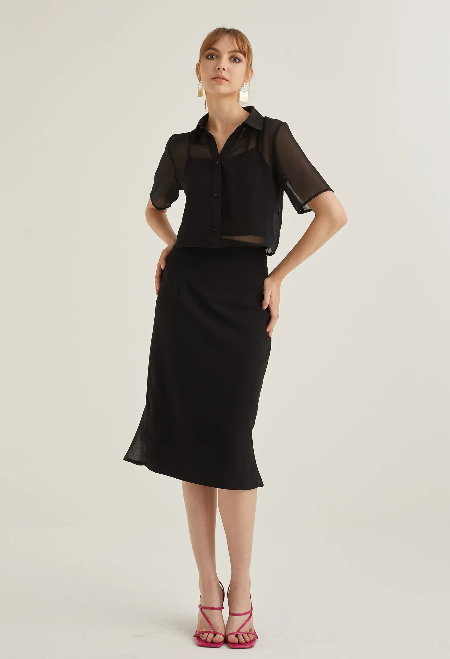 OFFICE HIGH WAIST MIDI PENCIL SKIRT [BLACK]