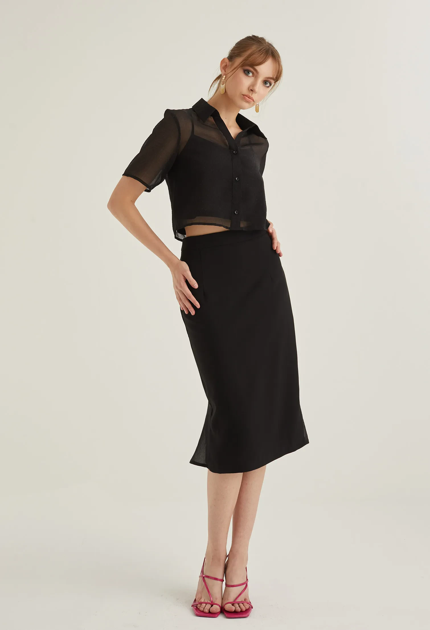 OFFICE HIGH WAIST MIDI PENCIL SKIRT [BLACK]
