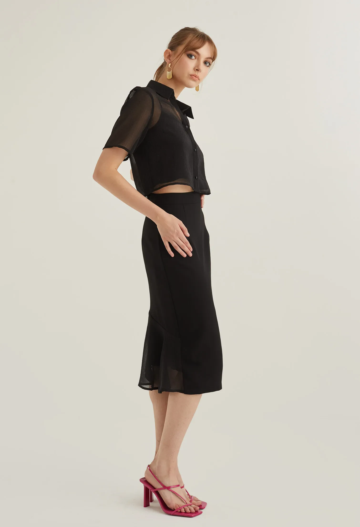 OFFICE HIGH WAIST MIDI PENCIL SKIRT [BLACK]