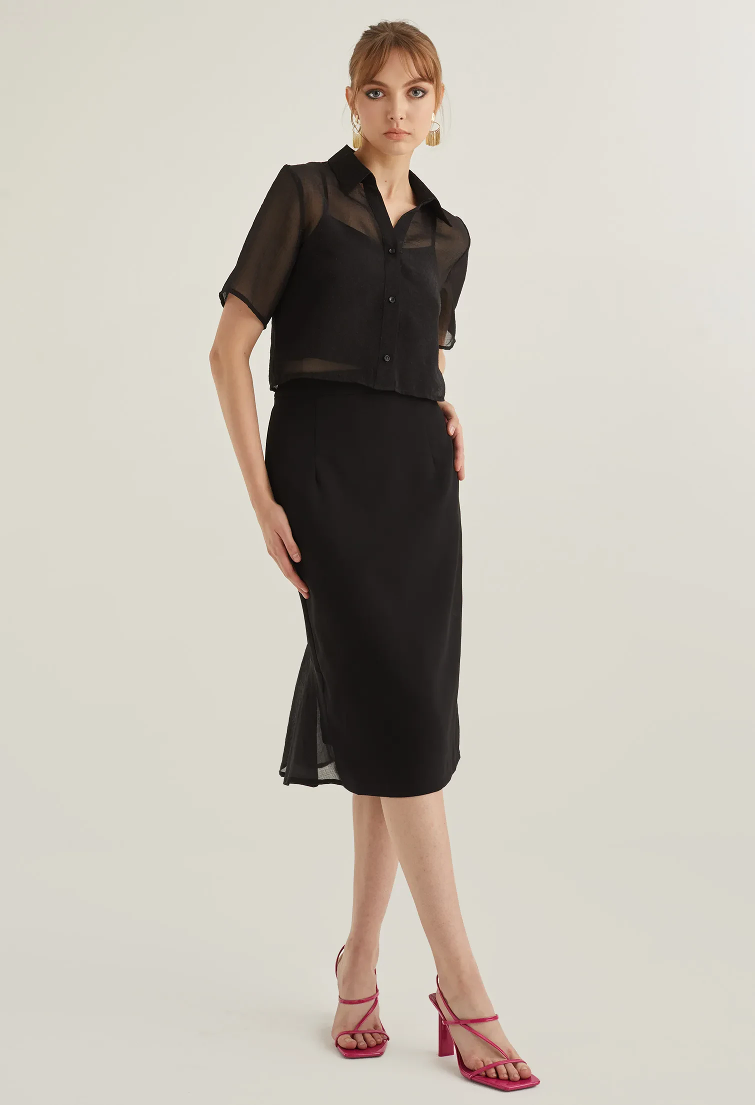 OFFICE HIGH WAIST MIDI PENCIL SKIRT [BLACK]