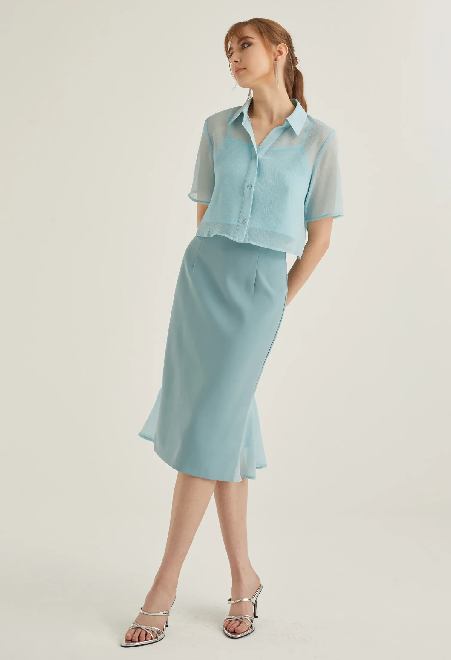 OFFICE HIGH WAIST MIDI PENCIL SKIRT [SEAFOAM]