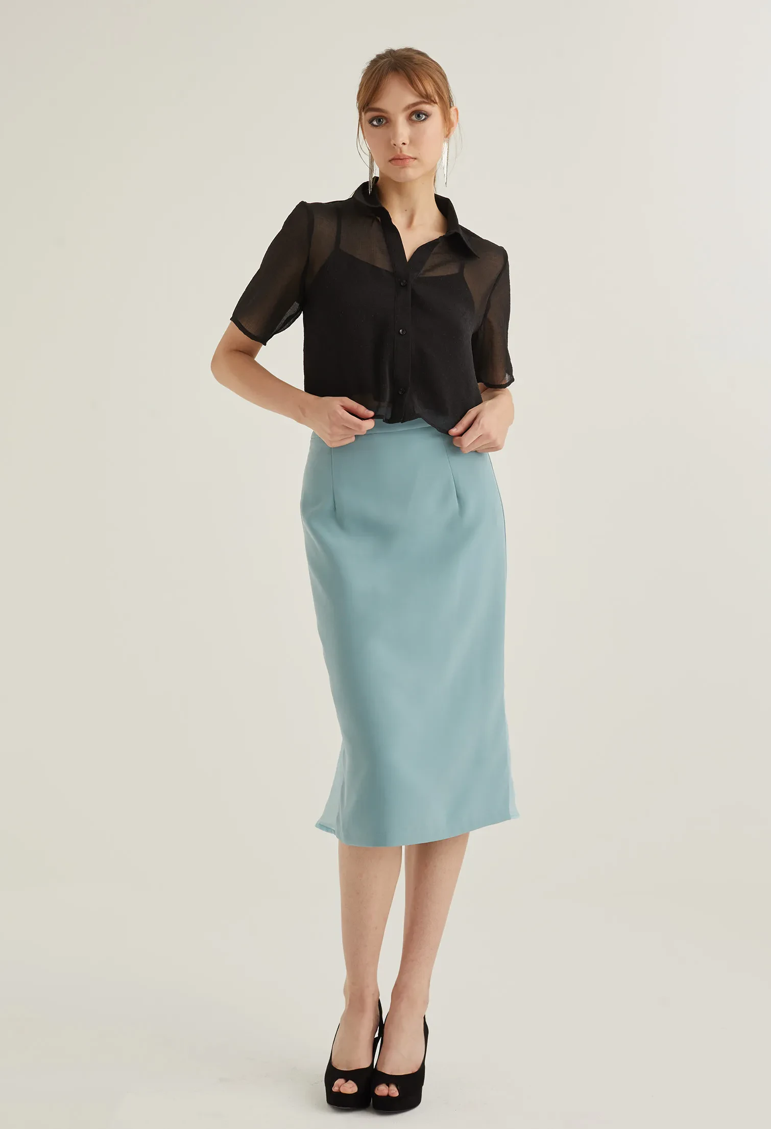 OFFICE HIGH WAIST MIDI PENCIL SKIRT [SEAFOAM]