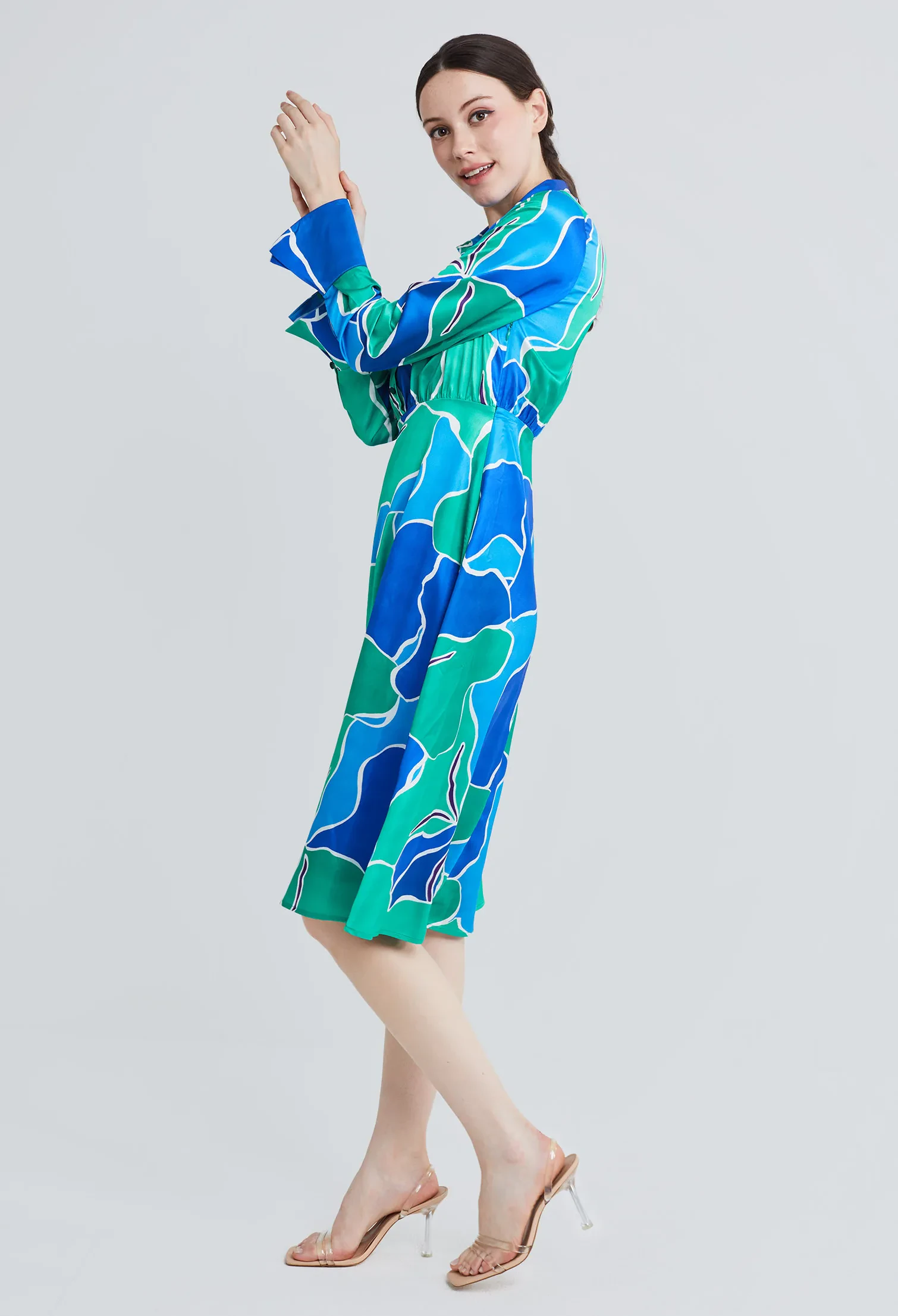 PICASSO FLORAL PETAL SHIRT DRESS [BLUE]