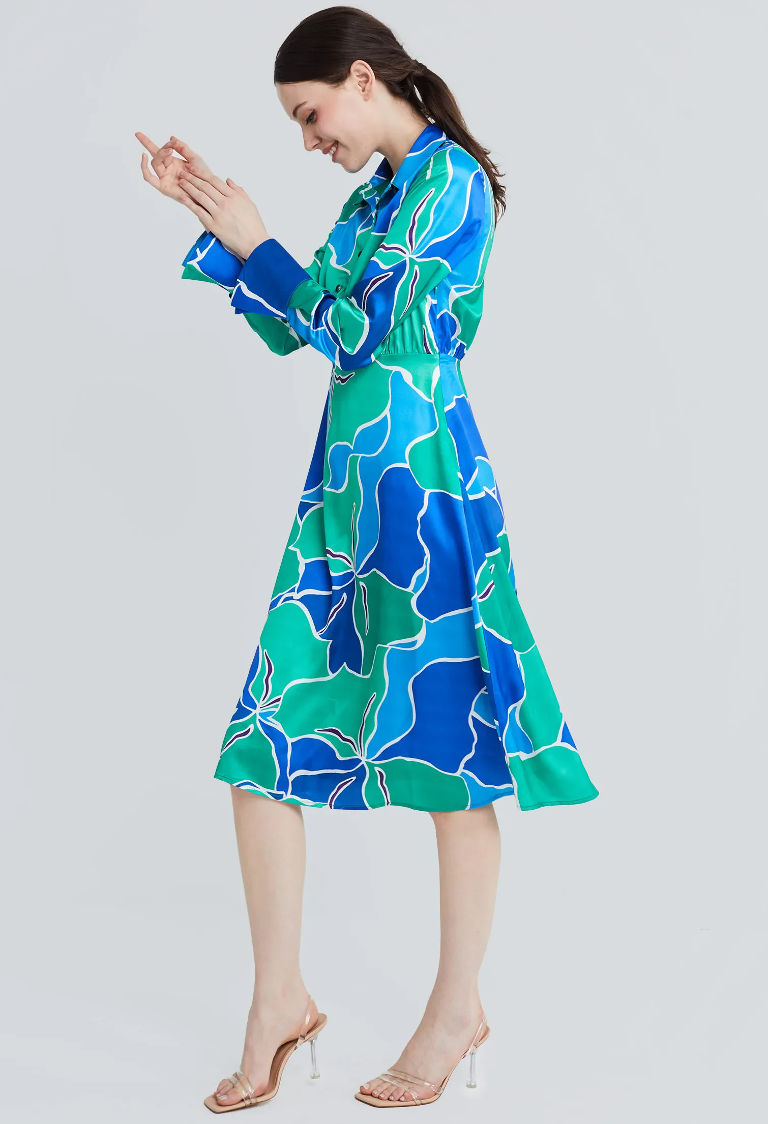 PICASSO FLORAL PETAL SHIRT DRESS [BLUE]