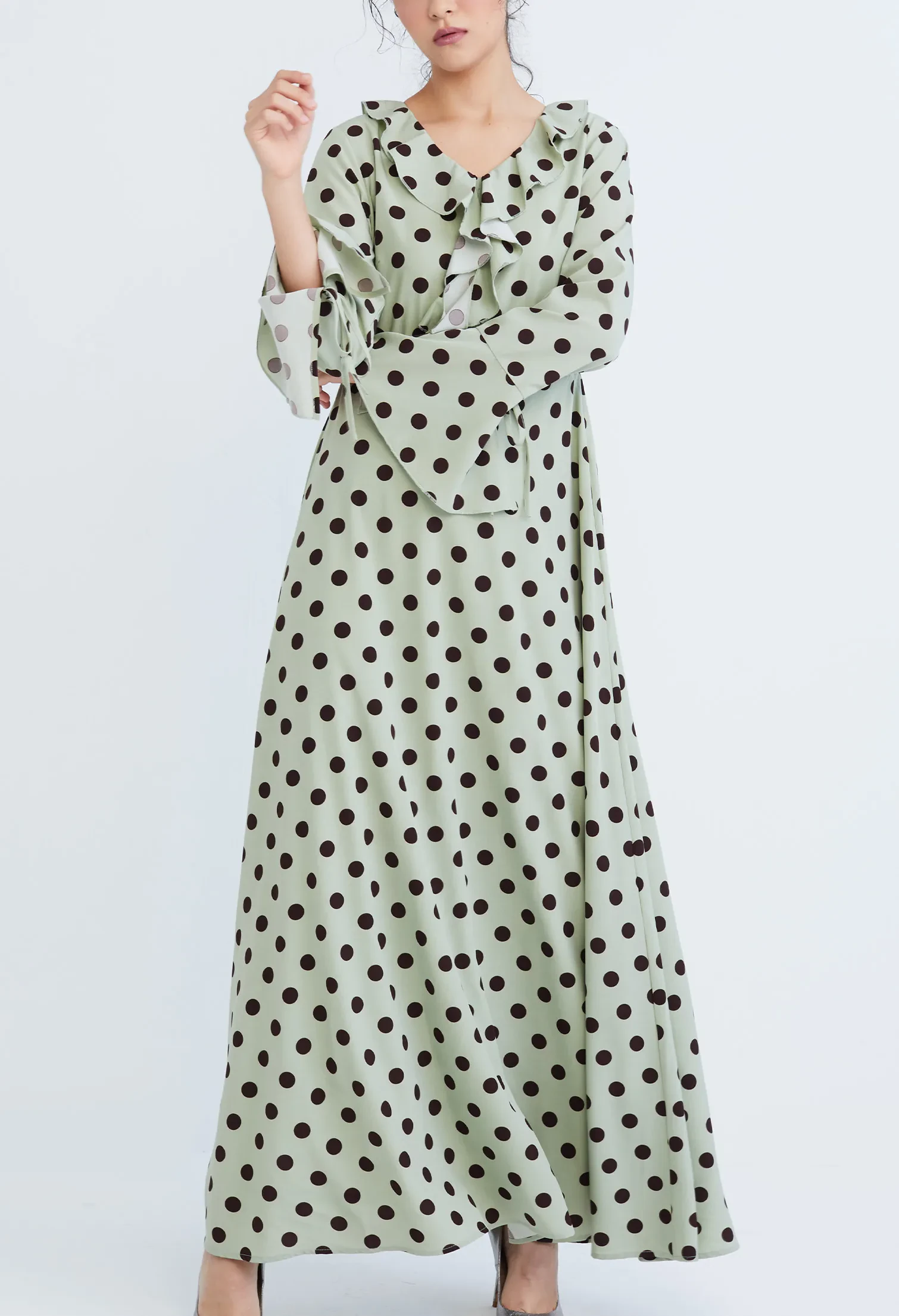 POLKA DOT RUFFLED V-NECKLINE MAXI DRESS [L/GREEN]