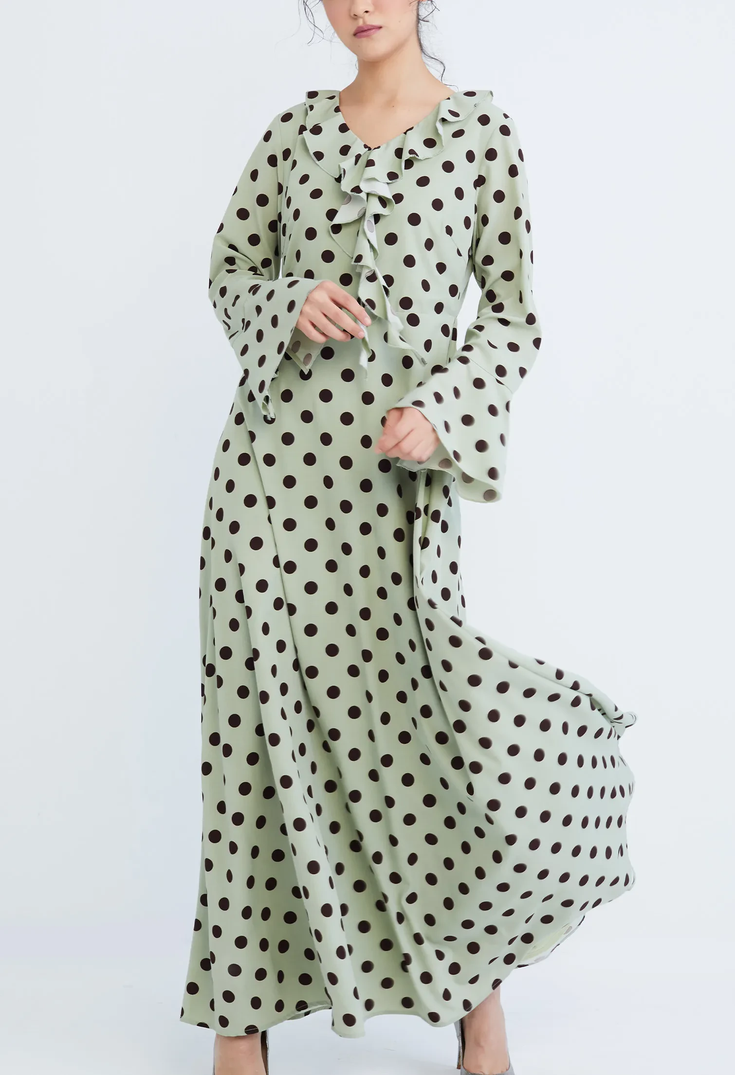 POLKA DOT RUFFLED V-NECKLINE MAXI DRESS [L/GREEN]