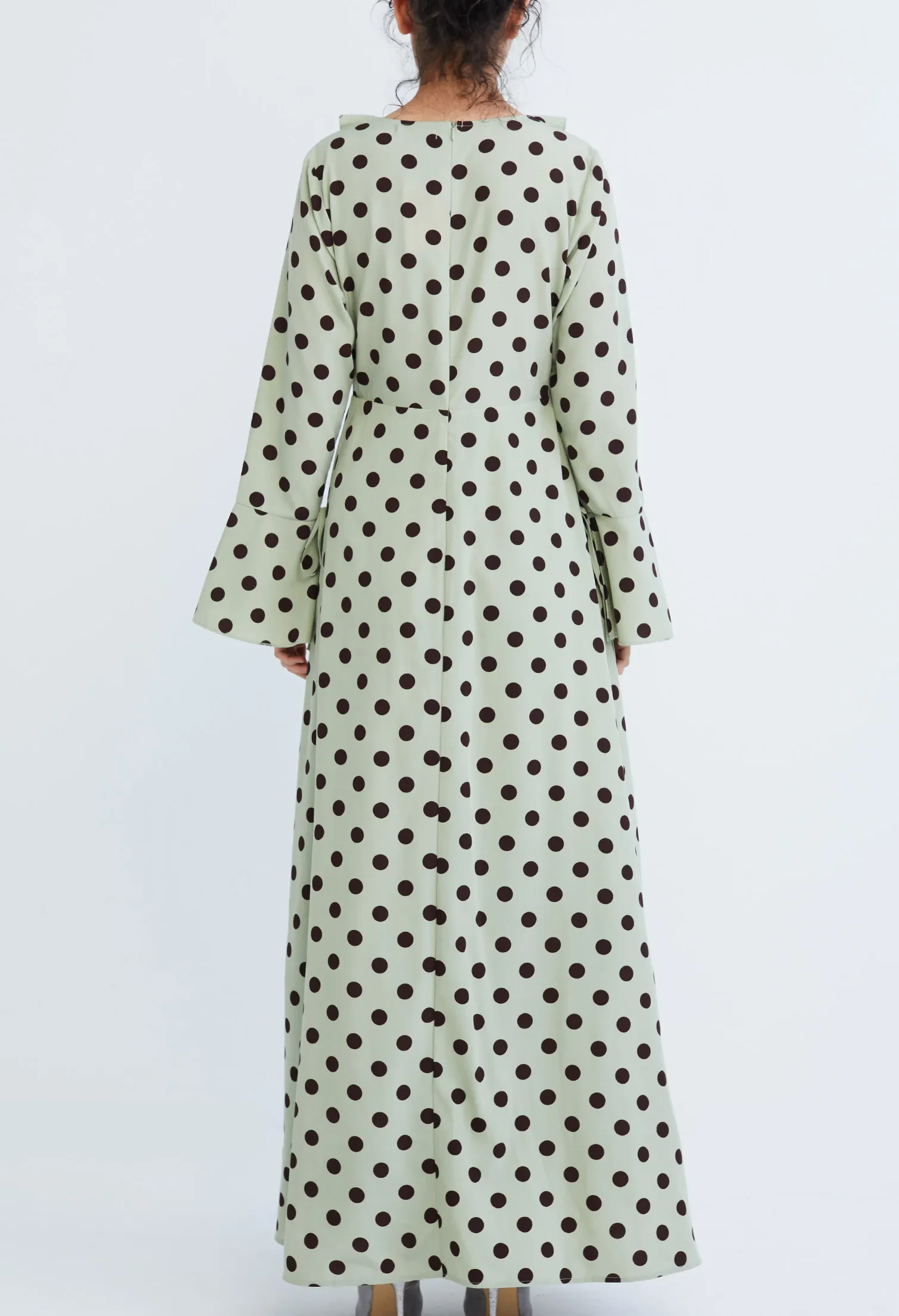 POLKA DOT RUFFLED V-NECKLINE MAXI DRESS [L/GREEN]