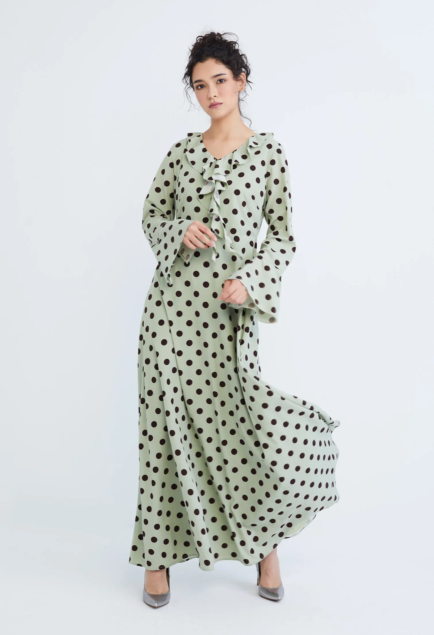 POLKA DOT RUFFLED V-NECKLINE MAXI DRESS [L/GREEN]