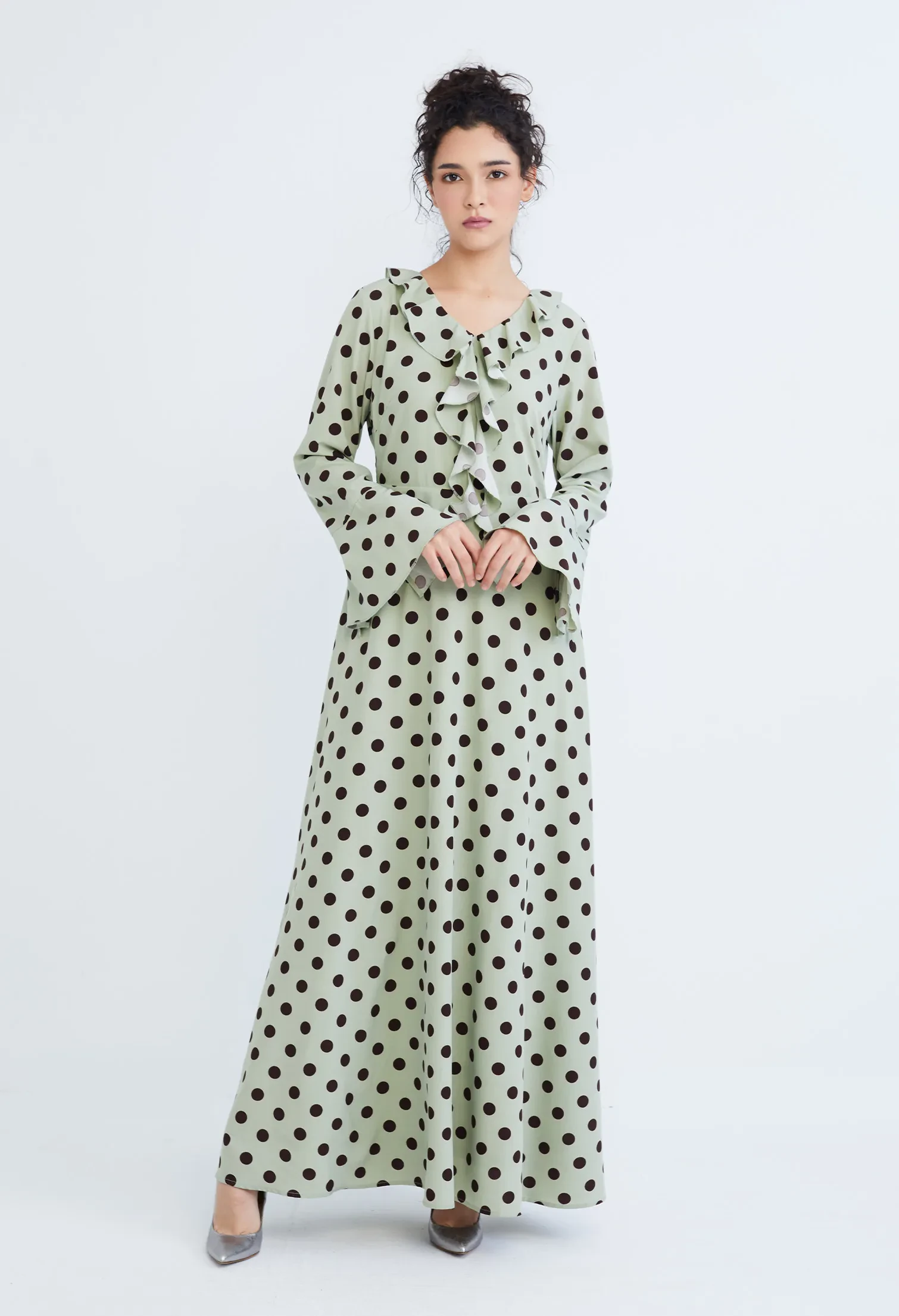 POLKA DOT RUFFLED V-NECKLINE MAXI DRESS [L/GREEN]