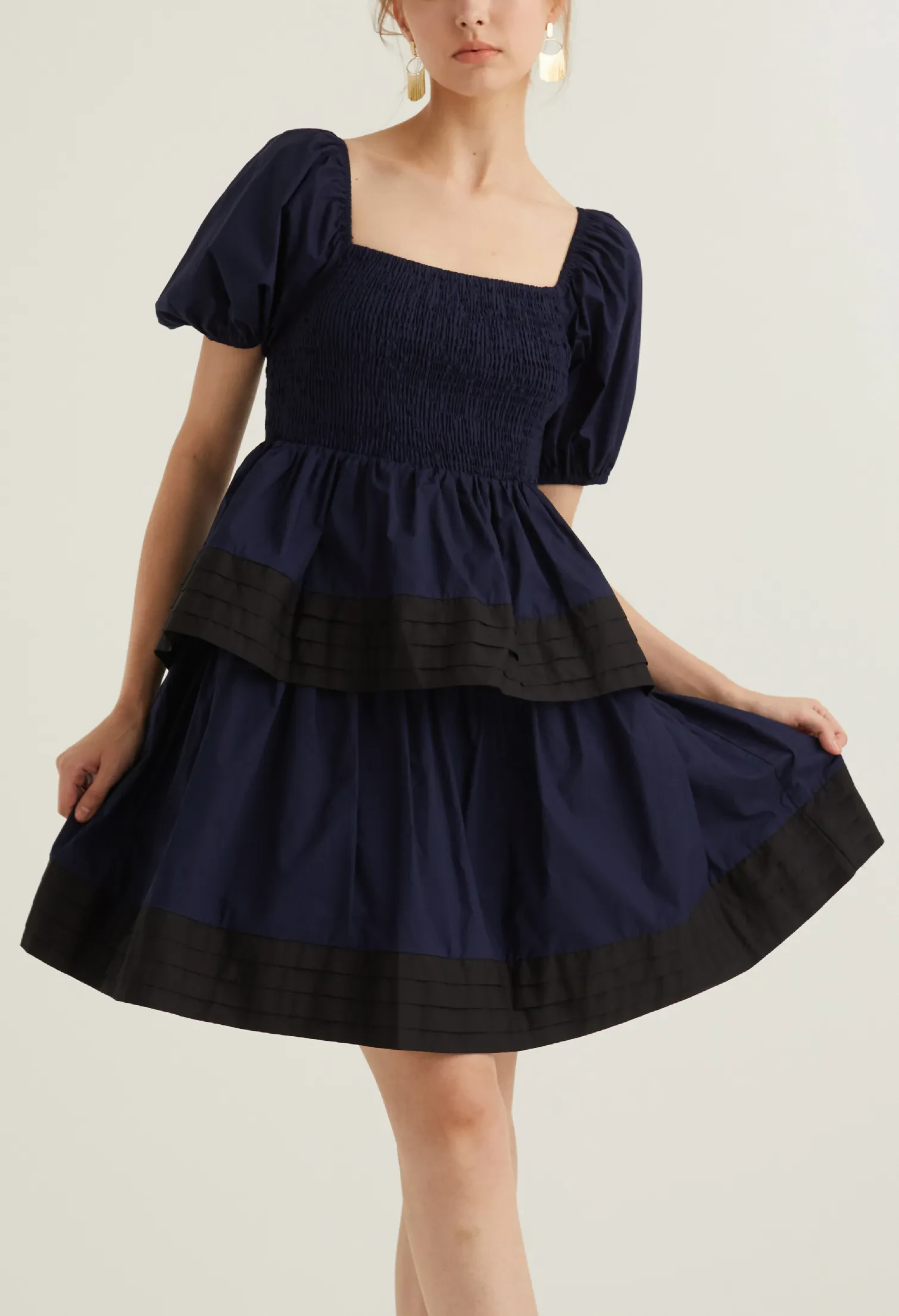 PUFFED SLEEVED BABY DOLL DRESS [NAVY BLUE]