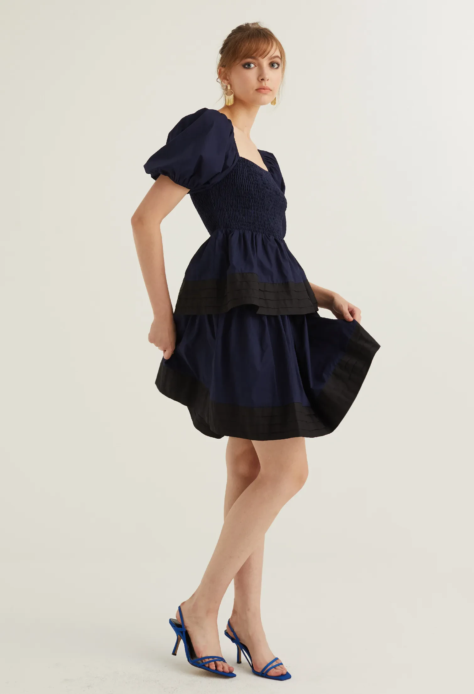 PUFFED SLEEVED BABY DOLL DRESS [NAVY BLUE]