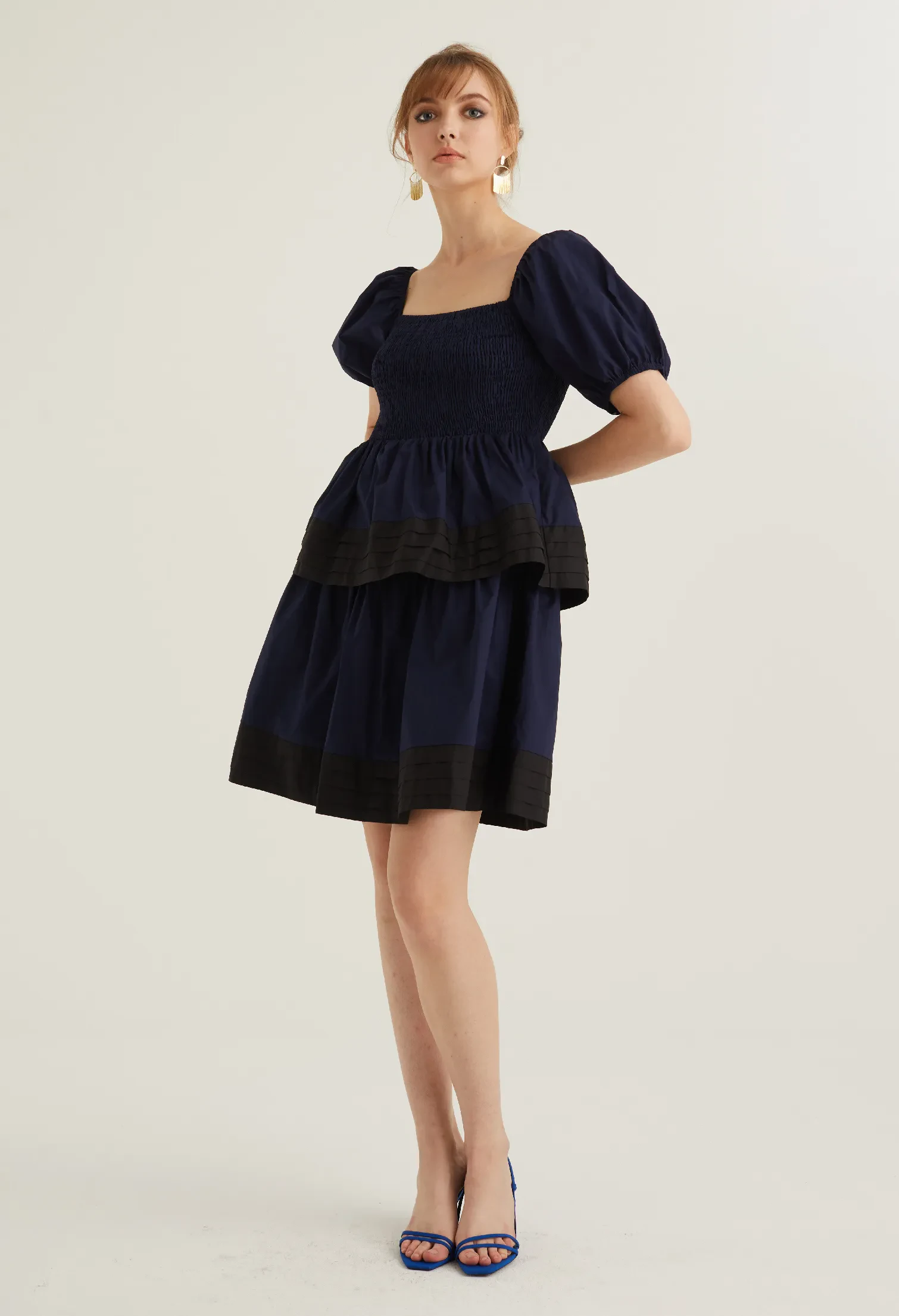 PUFFED SLEEVED BABY DOLL DRESS [NAVY BLUE]