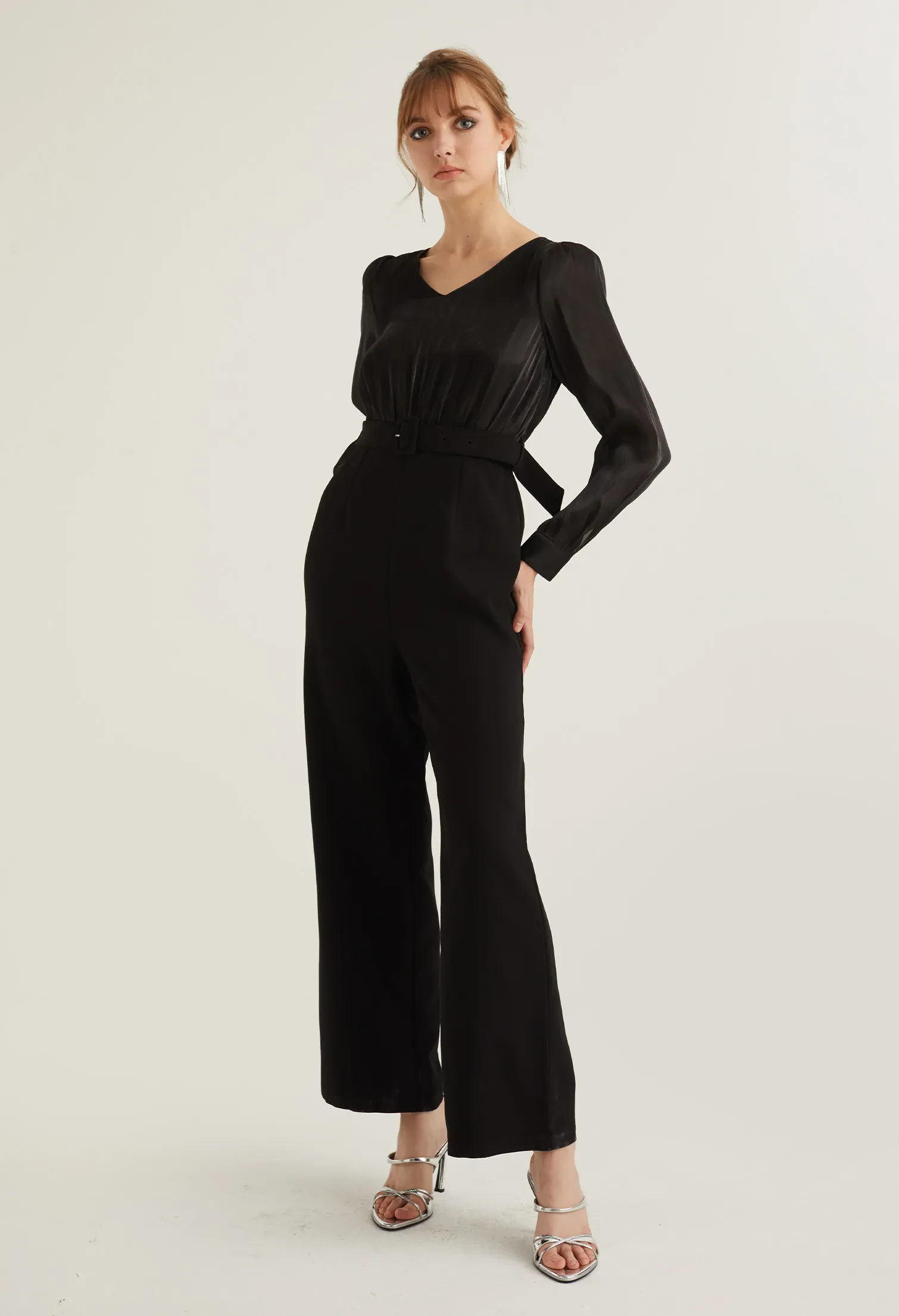 REFLECTIVE PARTY BELTED JUMPSUIT [BLACK]