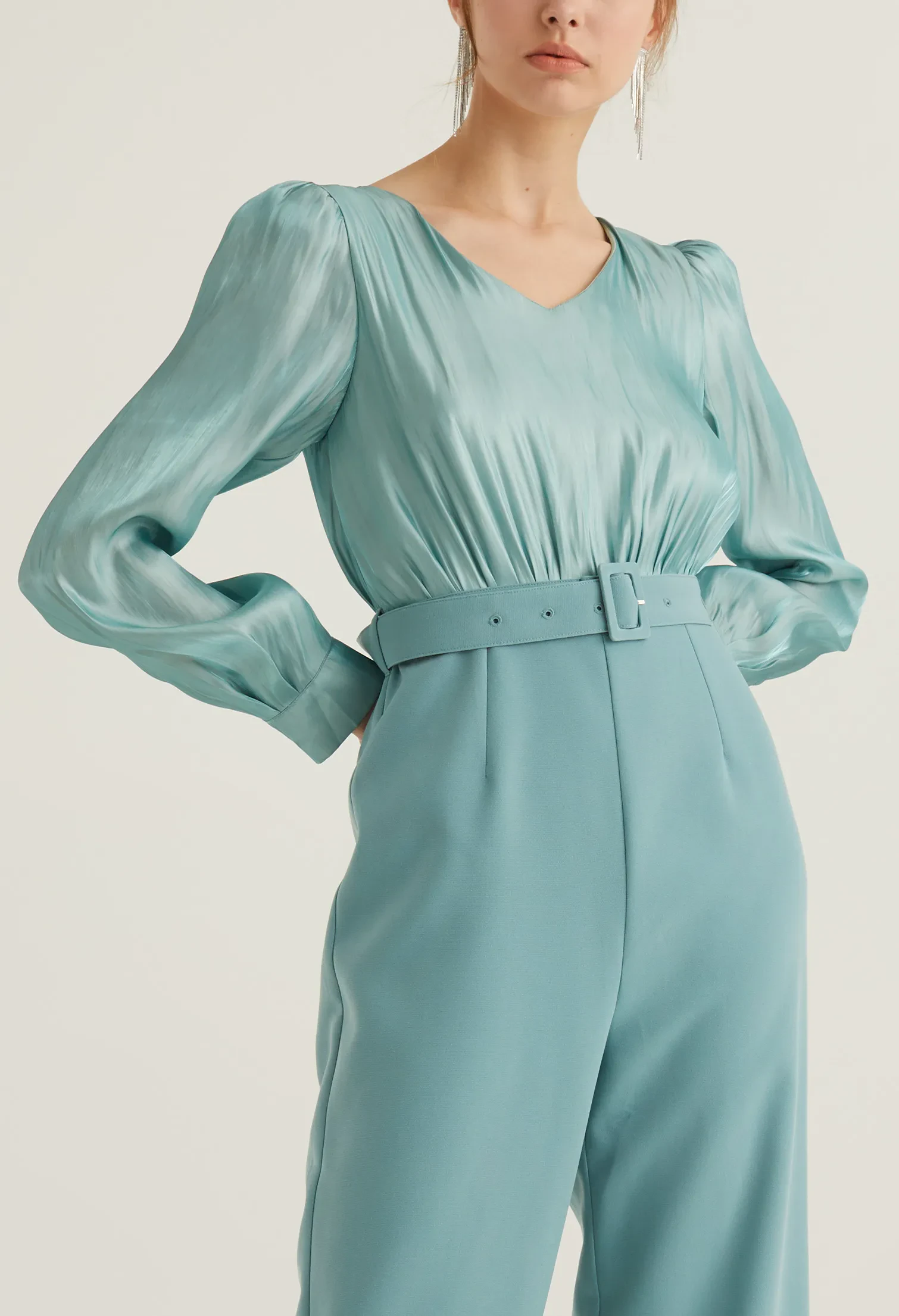 REFLECTIVE PARTY BELTED JUMPSUIT [SEAFOAM]