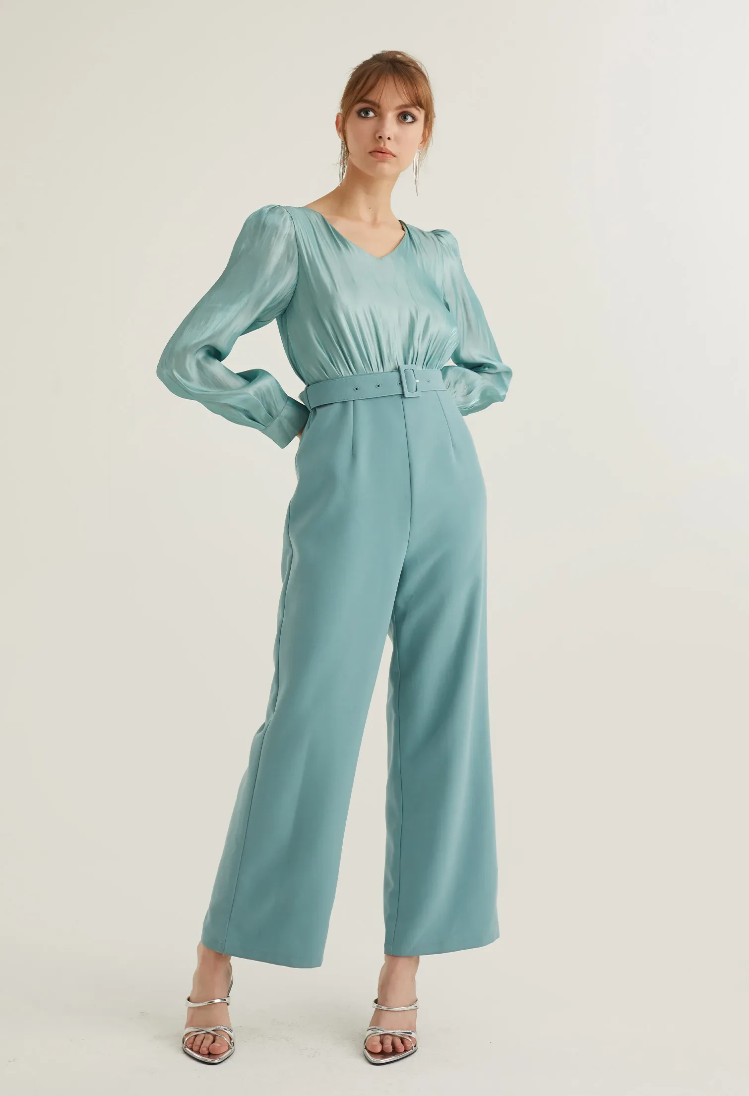 REFLECTIVE PARTY BELTED JUMPSUIT [SEAFOAM]