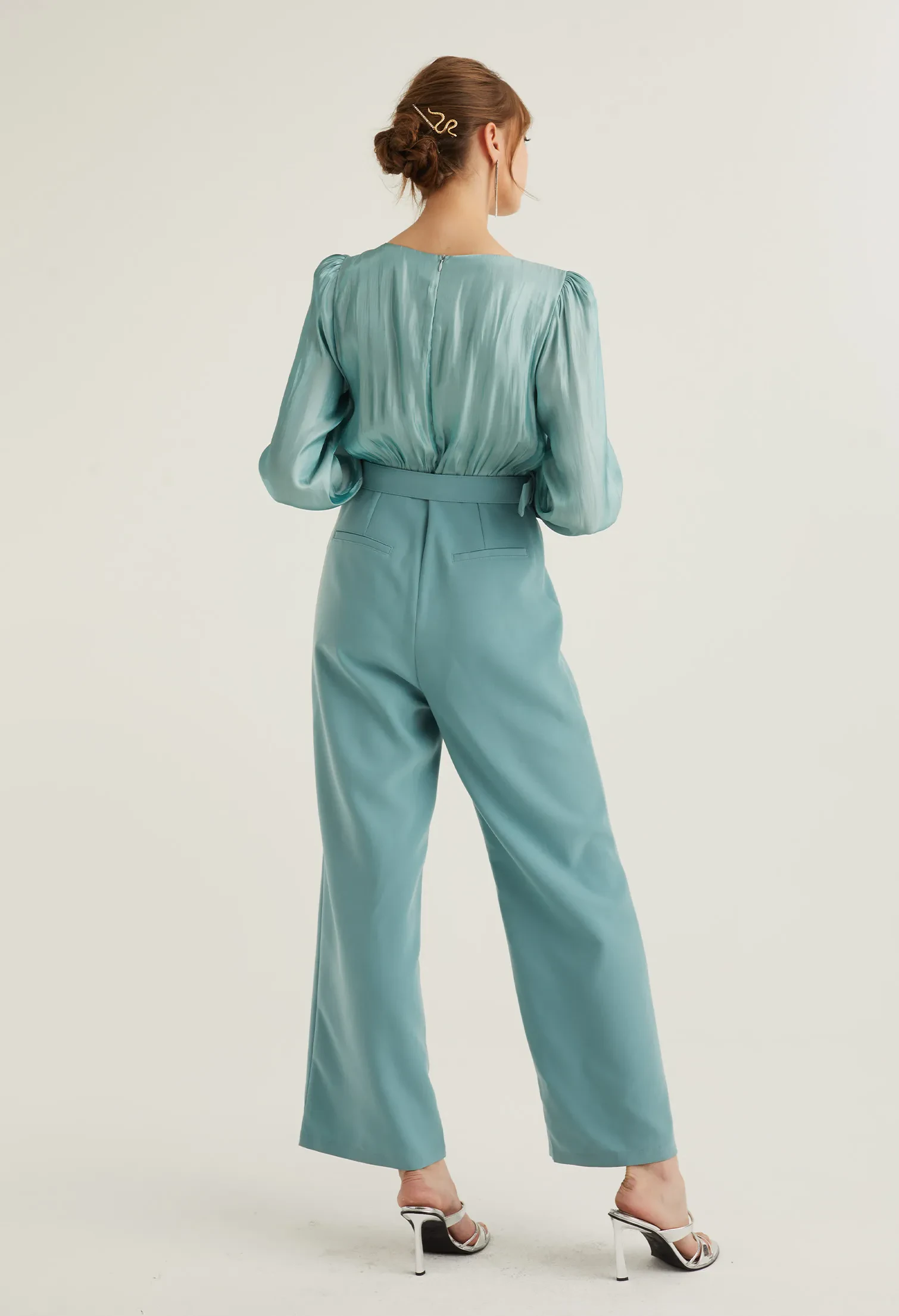 REFLECTIVE PARTY BELTED JUMPSUIT [SEAFOAM]