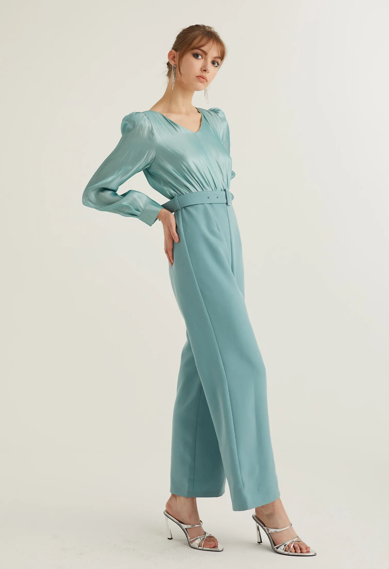 REFLECTIVE PARTY BELTED JUMPSUIT [SEAFOAM]