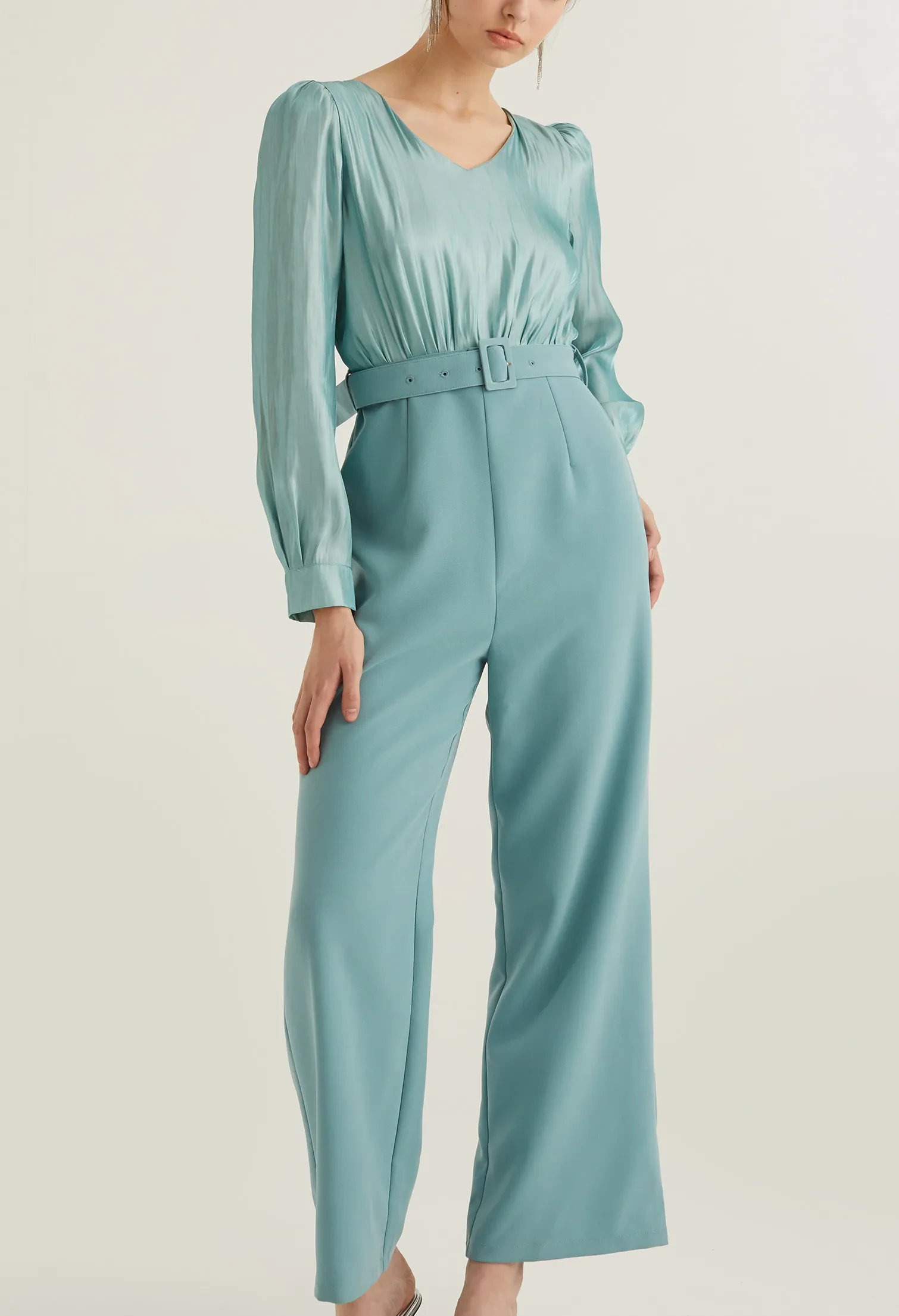 REFLECTIVE PARTY BELTED JUMPSUIT [SEAFOAM]