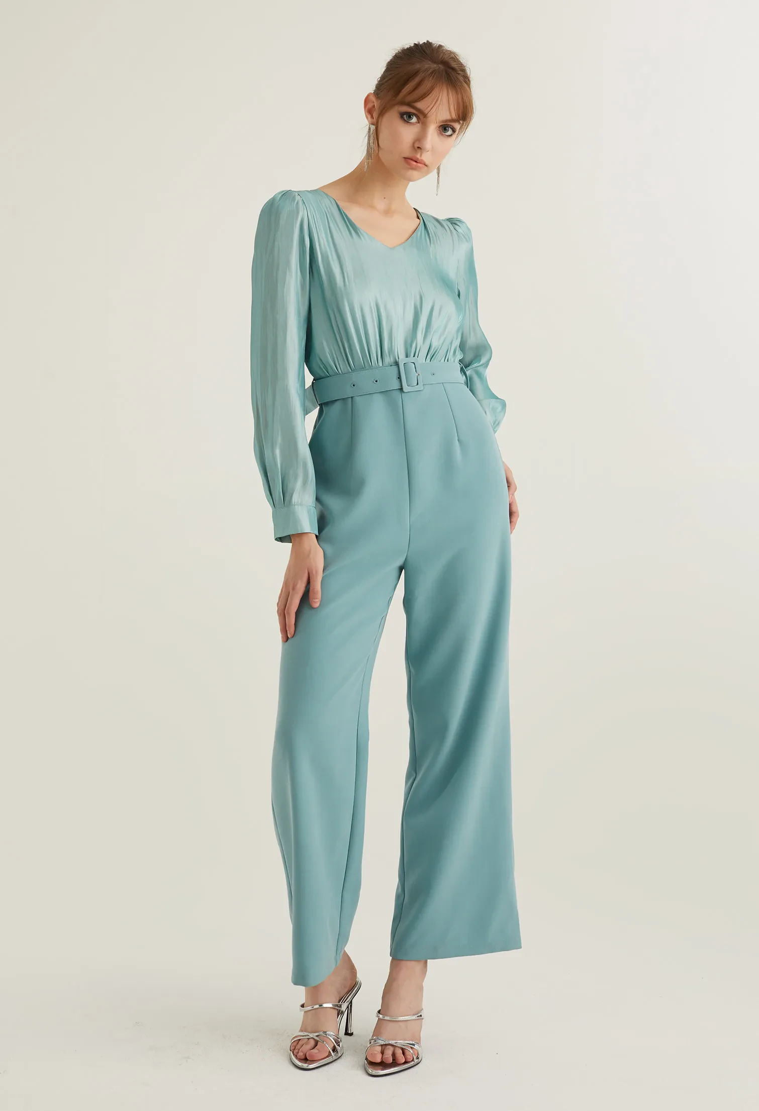 REFLECTIVE PARTY BELTED JUMPSUIT [SEAFOAM]