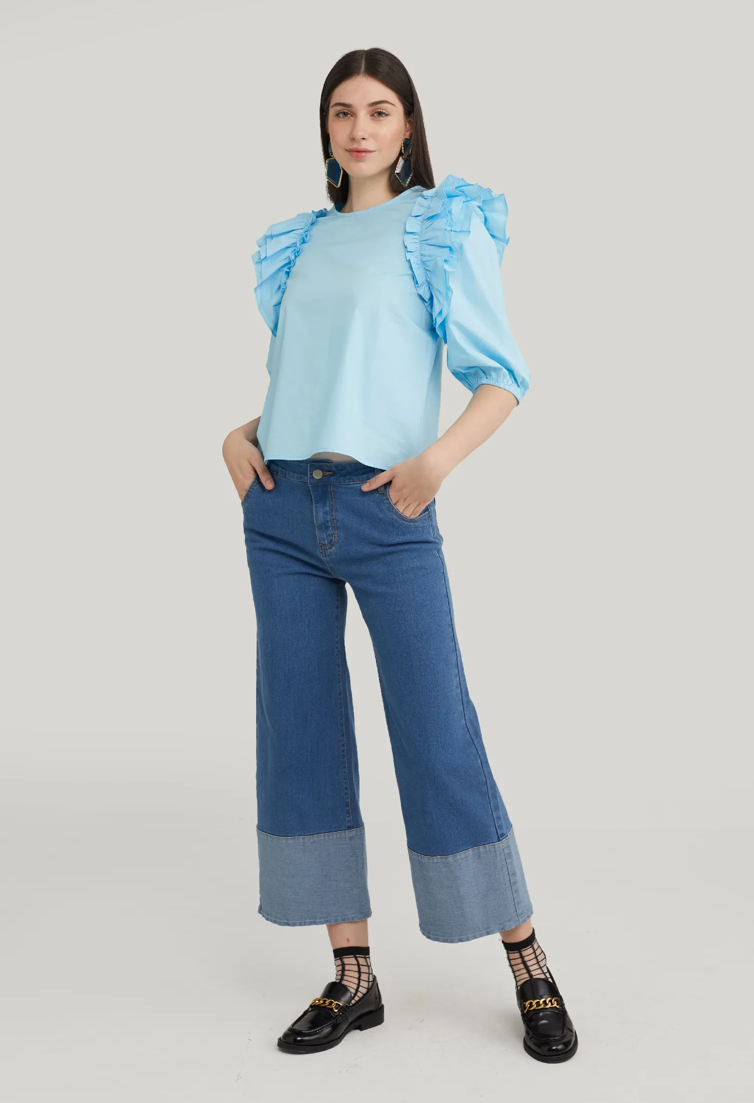RUFFLE ACCENT 3/4 SLEEVE BLOUSE [BLUE]