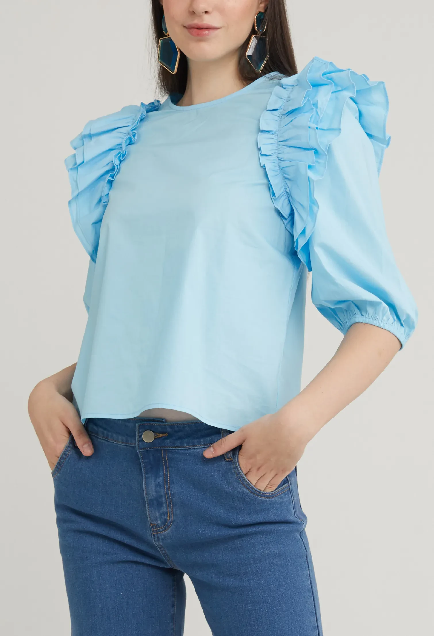 RUFFLE ACCENT 3/4 SLEEVE BLOUSE [BLUE]