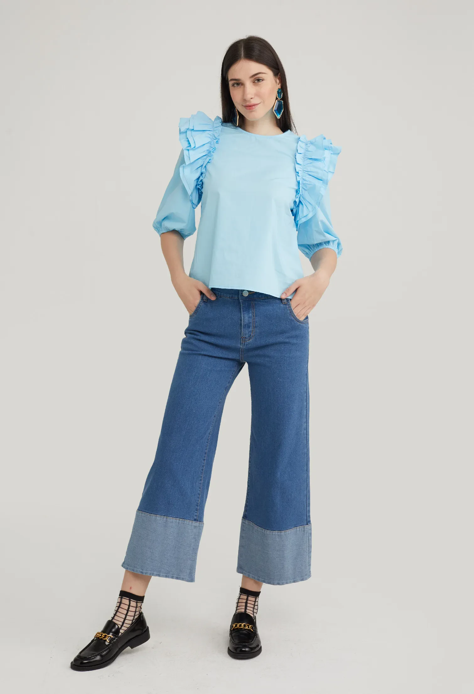RUFFLE ACCENT 3/4 SLEEVE BLOUSE [BLUE]